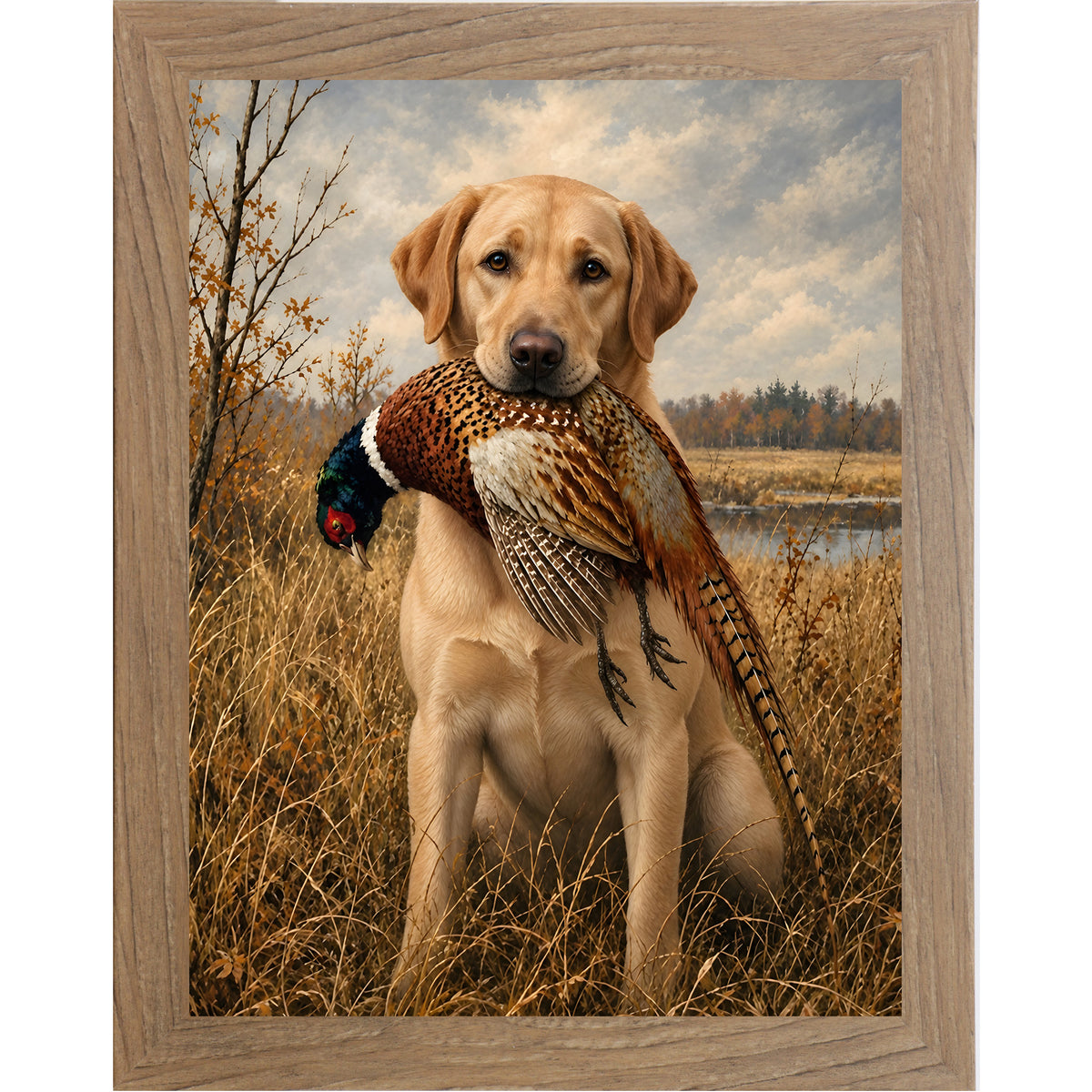 Farmtable framed portrait heritage hunting dog wall art featuring a yellow Labrador holding a pheasant in a golden autumn field
