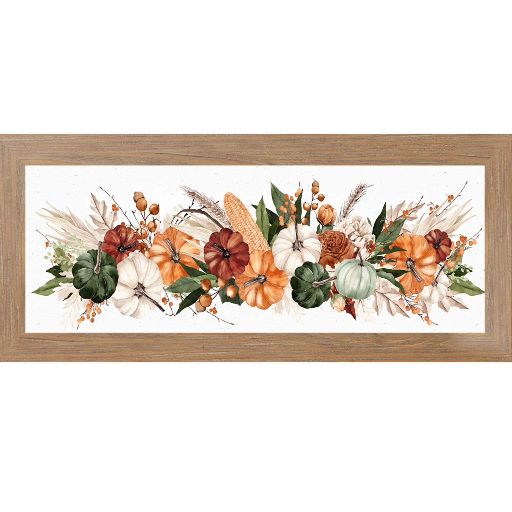 Farmtable framed wide landscape harvest wall art featuring panoramic watercolor autumn pumpkins corn wheat berries and dried florals — Harvest Wide Landscape SB949
