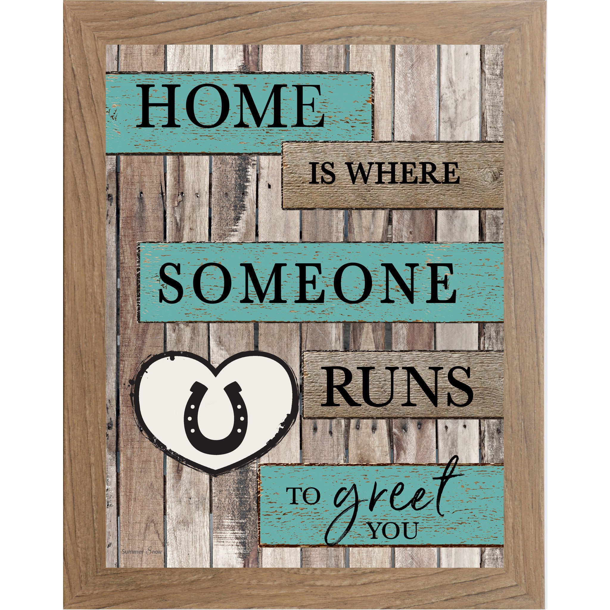 Farmtable framed portrait rustic pallet wood horse wall art with turquoise and wood plank banners reading Home Is Where Someone Runs to Greet You with a white horseshoe heart icon
