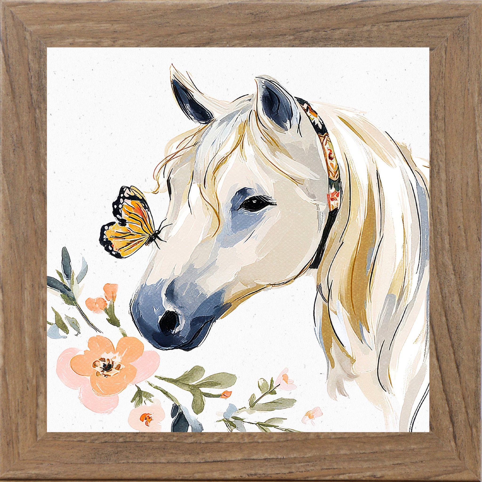 Farmtable framed square watercolor horse wall art featuring a white horse with a monarch butterfly on its nose surrounded by peach florals and a boho floral headstall on a white background