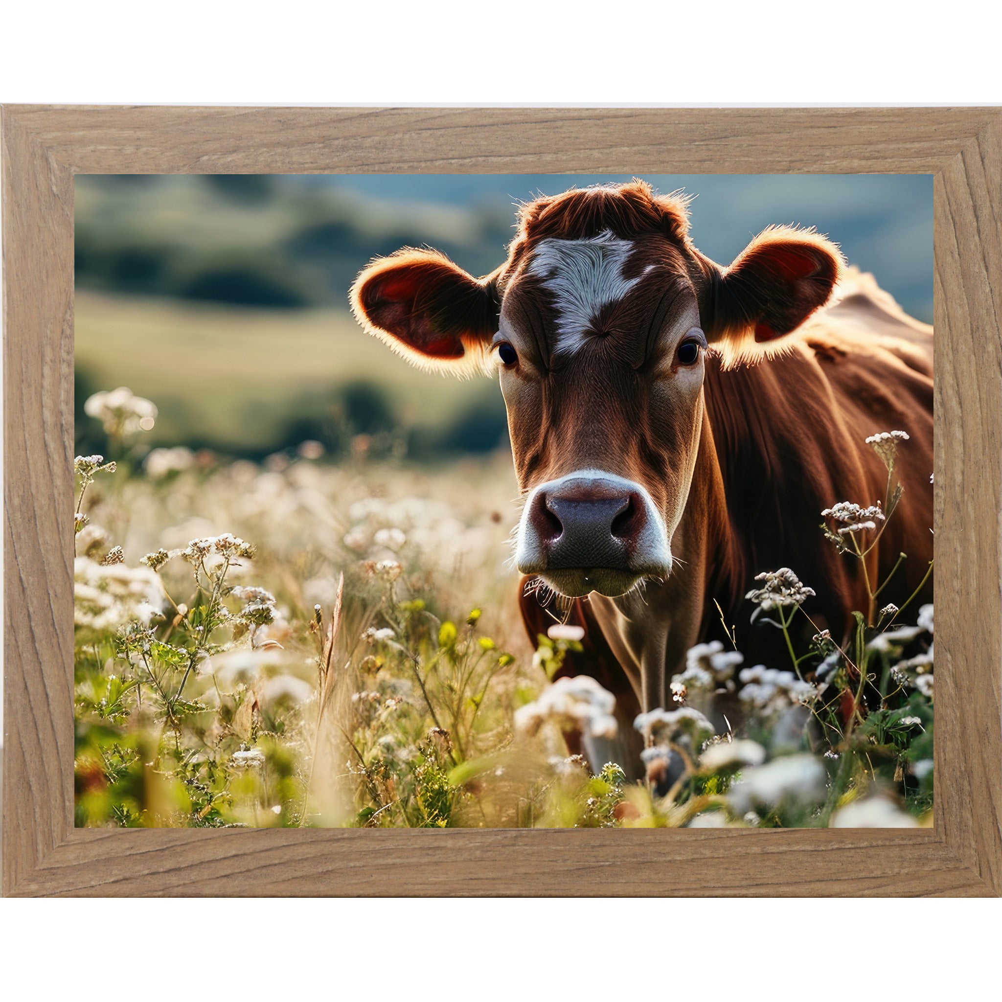 Farmtable framed horizontal farmhouse wall art featuring a close-up Jersey cow surrounded by white wildflowers in a sunny meadow with rolling green hills
