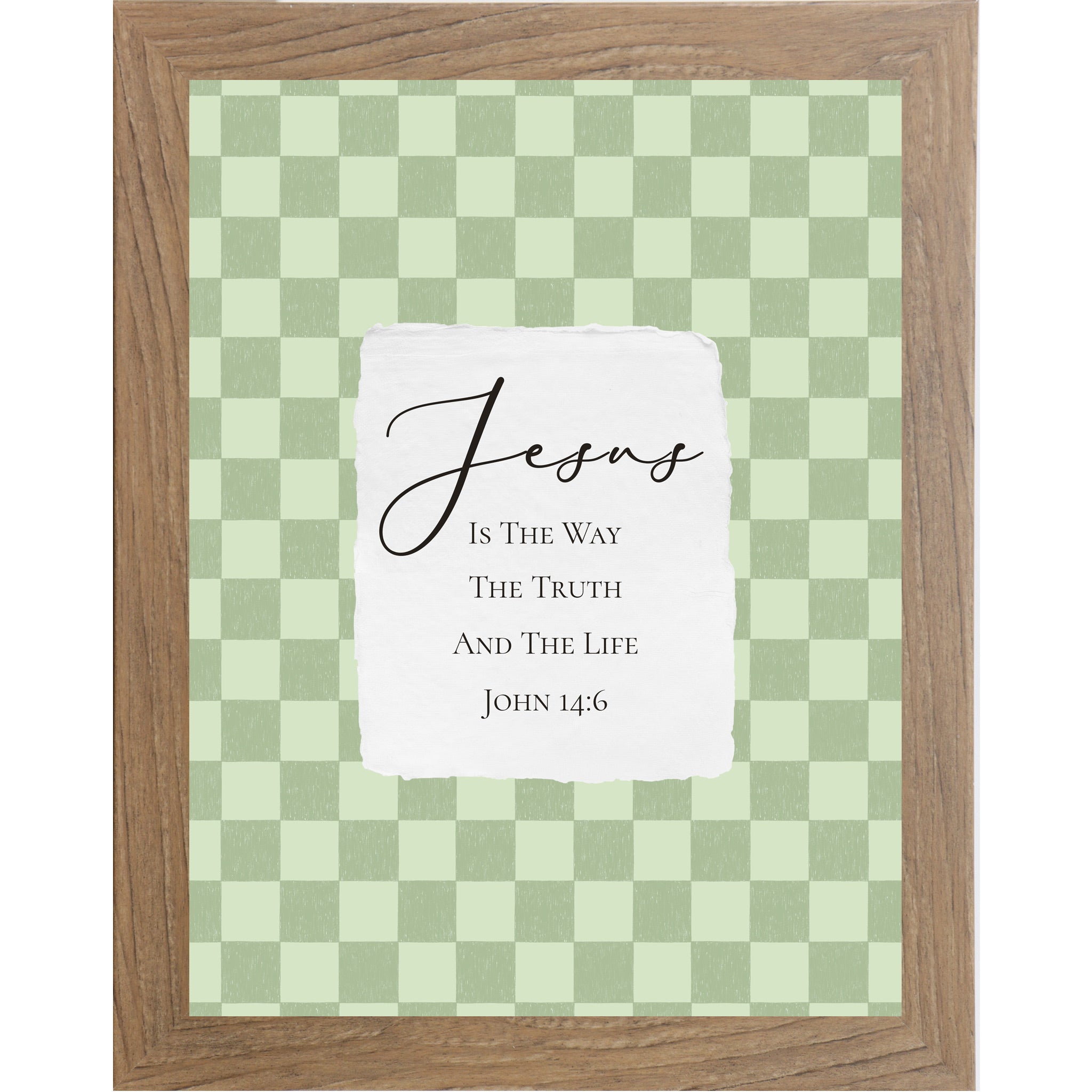 Farmtable framed portrait Christian wall art with sage green checkered background and torn-edge white center panel with Jesus Is The Way The Truth And The Life John 14:6 in elegant script