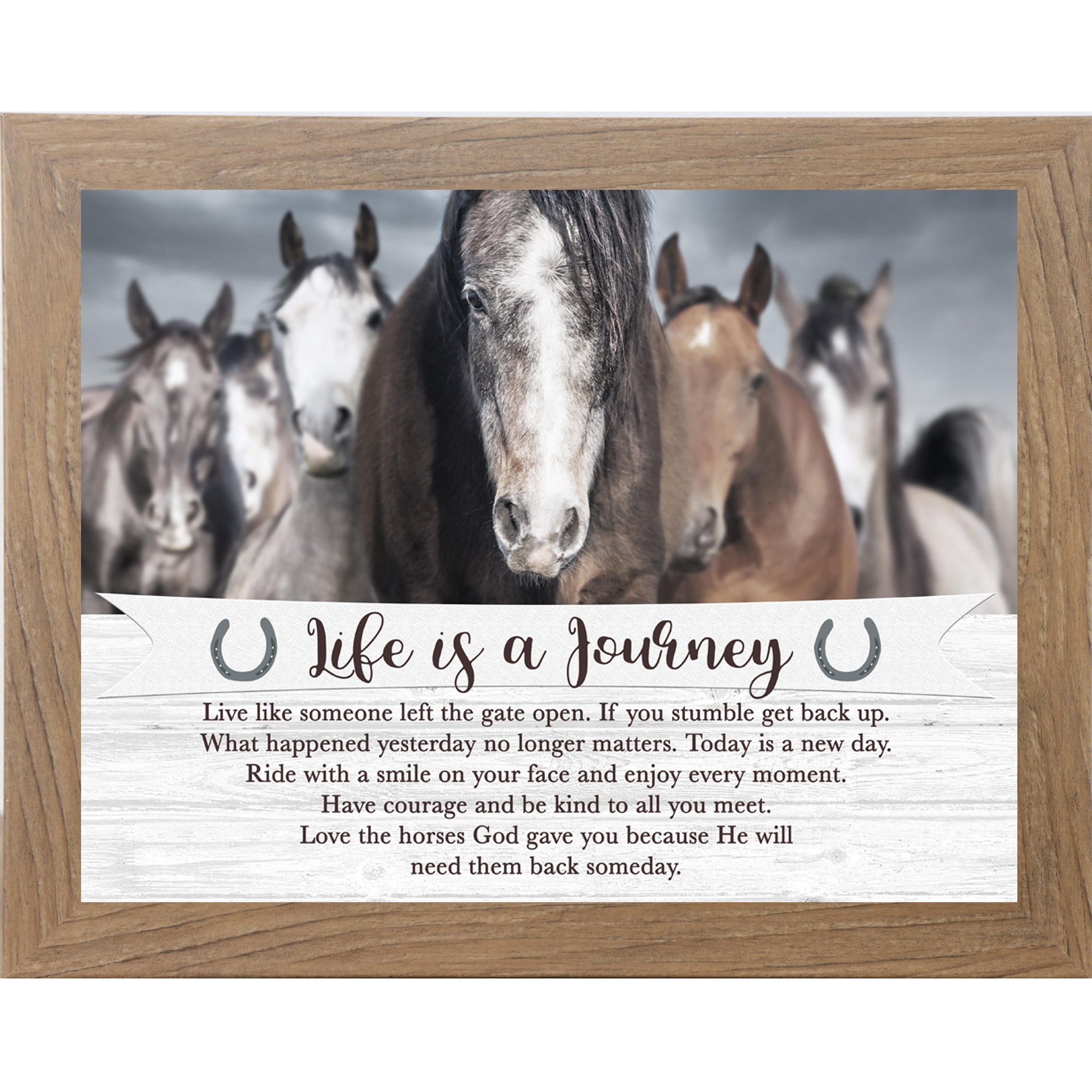 Farmtable framed horizontal equestrian wall art featuring a herd of horses under a dramatic stormy sky with a pallet wood banner reading Life is a Journey inspirational quote