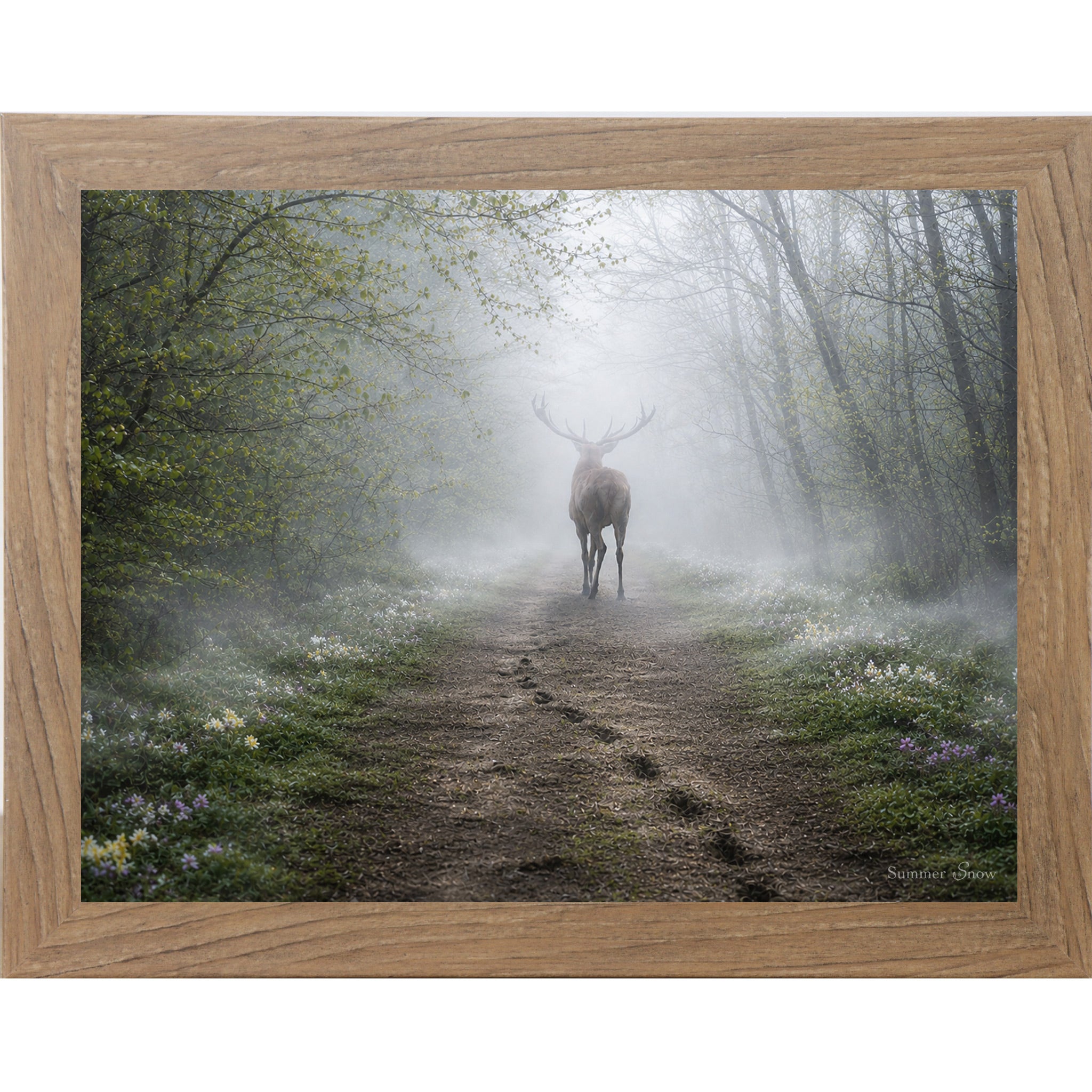 Farmtable framed horizontal nature wall art featuring a deer silhouette dissolving into heavy morning mist on a spring forest path with wildflowers and hoofprints in the soft earth