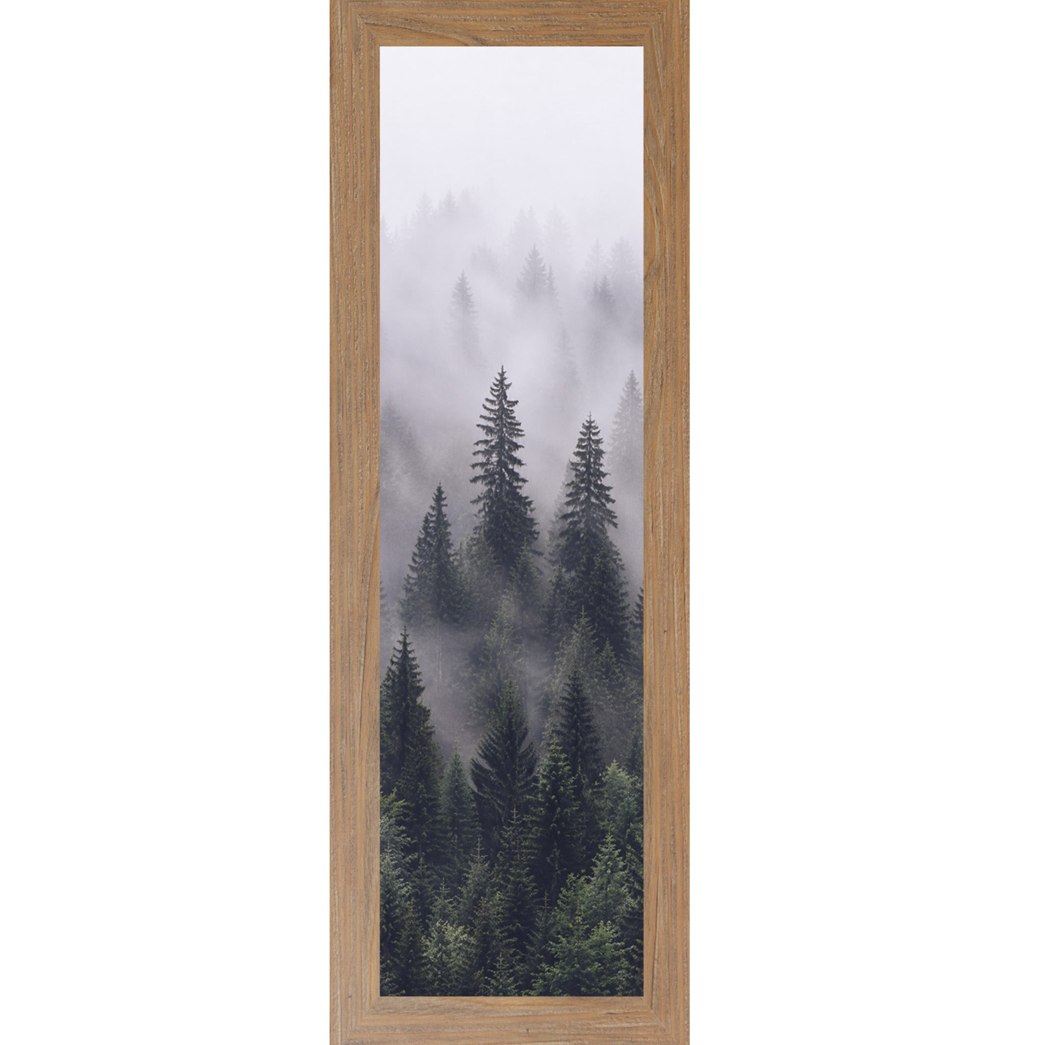 Farmtable framed narrow portrait nature wall art featuring two sentinel pine trees rising through rolling mountain fog with dense green canopy below fading into pale misty white above