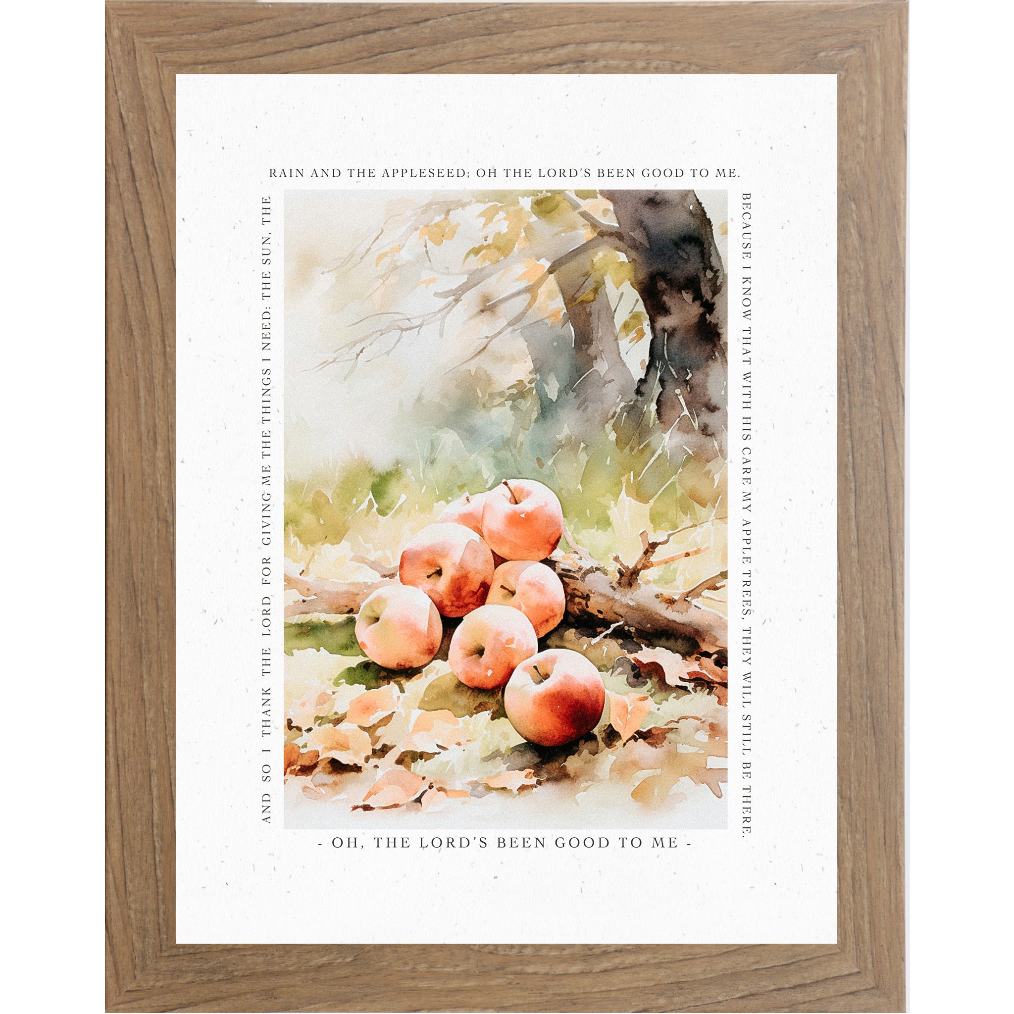 Farmtable framed portrait Christian fall wall art featuring watercolor red apples under autumn tree on golden fall leaves surrounded by complete Johnny Appleseed prayer border — Oh The Lord's Been Good To Me And So I Thank The Lord For Giving Me The Sun The Rain And The Appleseed — SN396