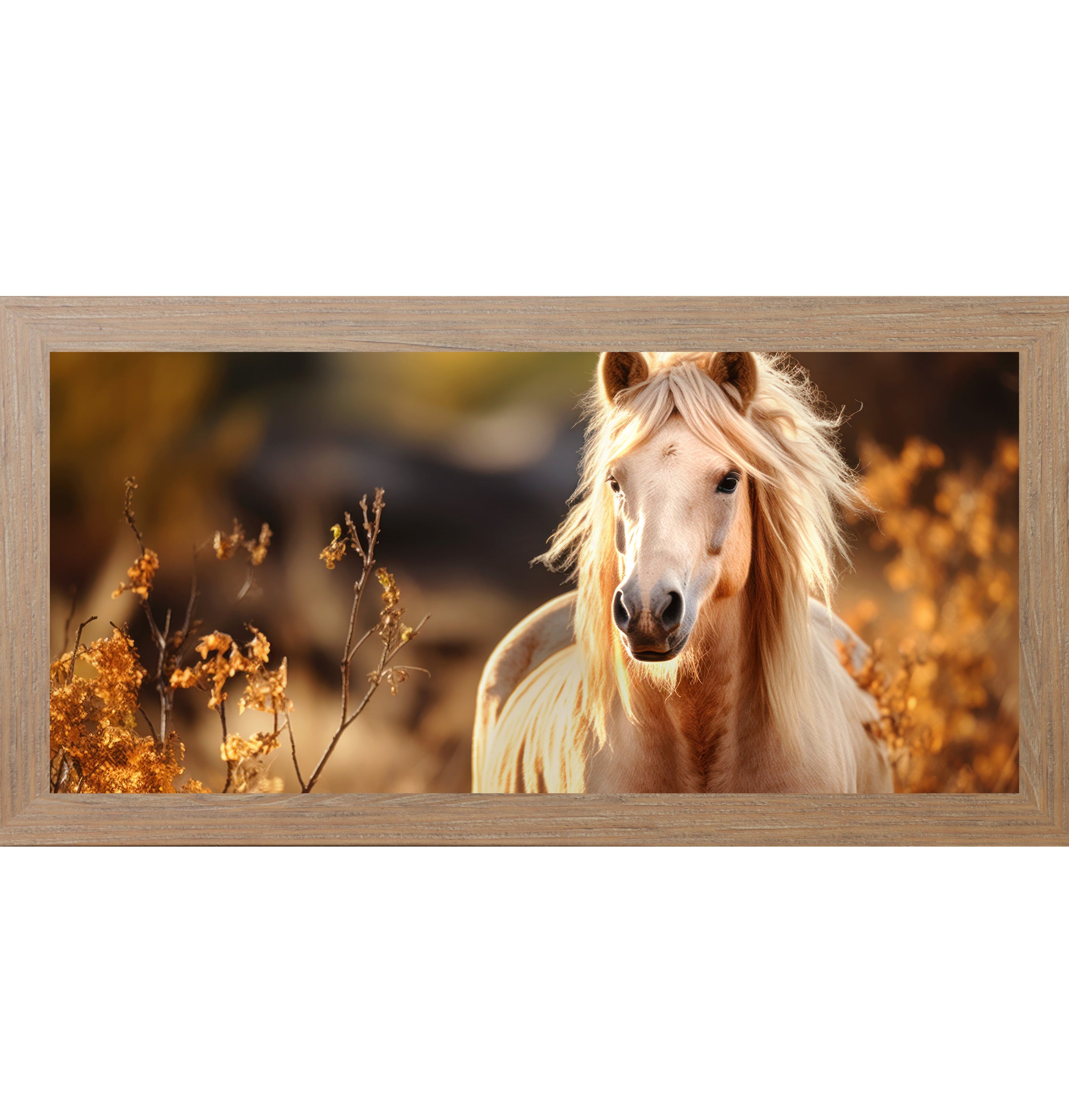 Farmtable framed wide landscape palomino horse wall art featuring a glowing golden palomino with flowing mane surrounded by warm amber autumn foliage against a dark bokeh background