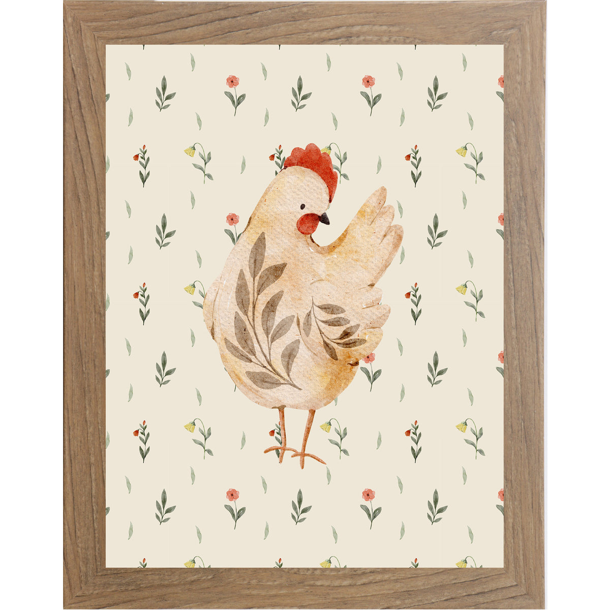 Farmtable framed vertical farmhouse wall art featuring a warm golden-brown watercolor hen right-facing on a cream background with tiny red wildflowers and green leaves