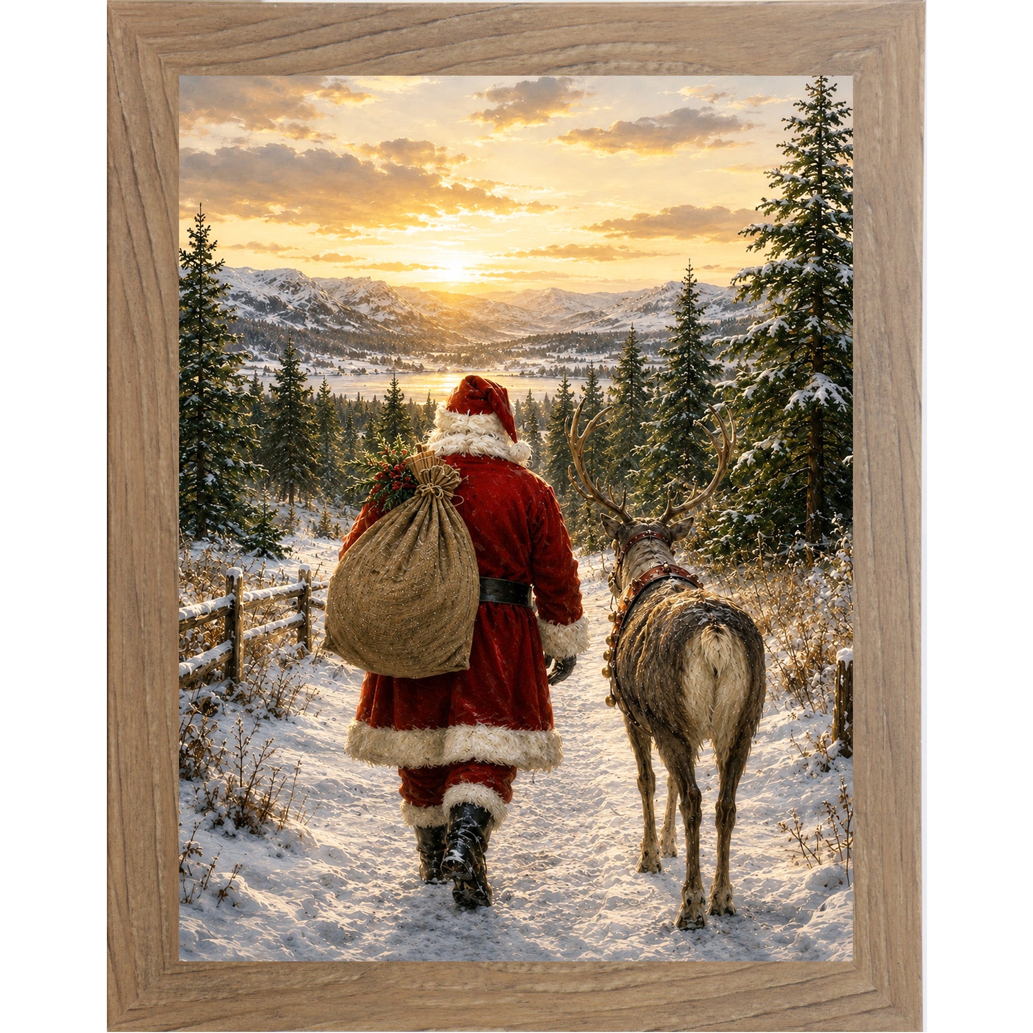 Farmtable framed portrait heritage Christmas wall art featuring Santa walking a snowy mountain path at sunrise beside a reindeer
