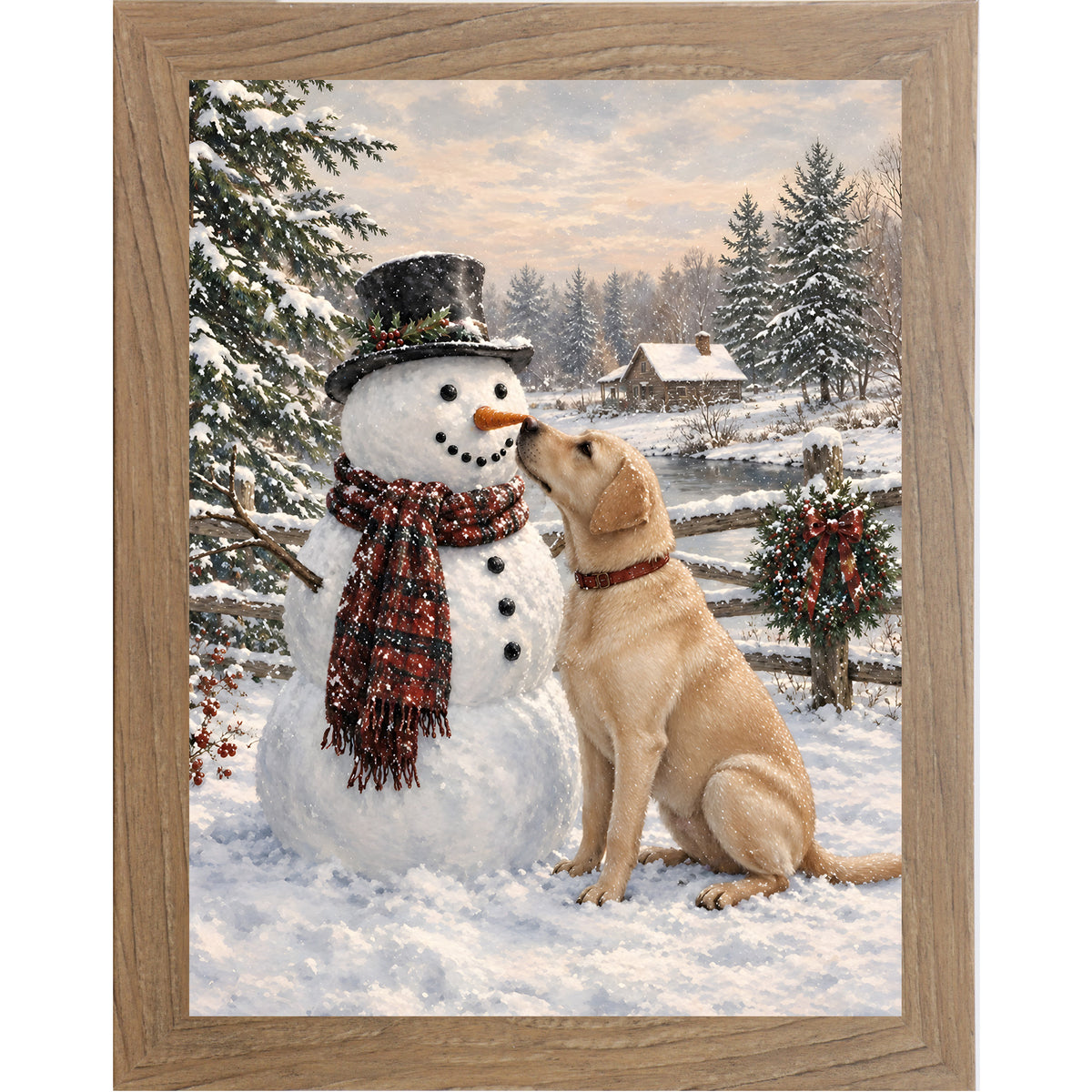 Farmtable framed portrait heritage Christmas wall art featuring a yellow Labrador nosing a top-hatted snowman in a plaid scarf against a snowy countryside scene
