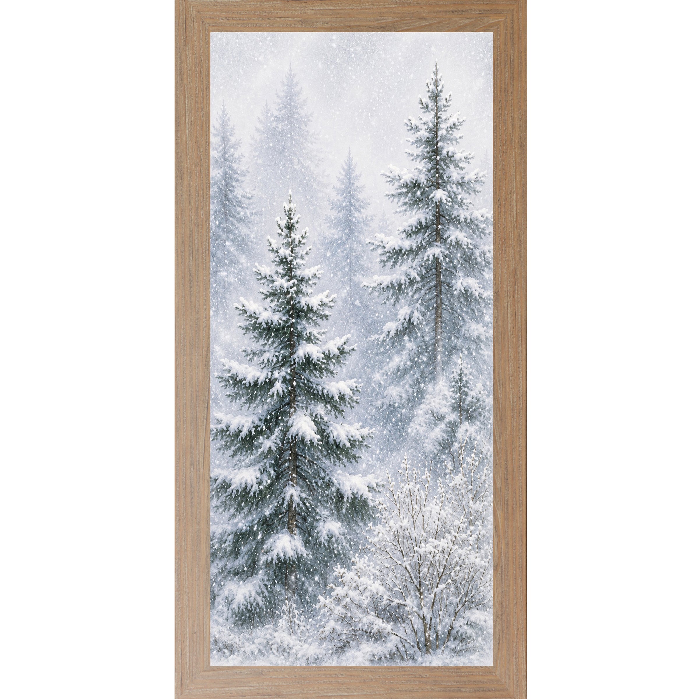 Farmtable framed narrow portrait watercolor winter wall art featuring a snowy pine forest with two tall evergreens leaning right through falling snow