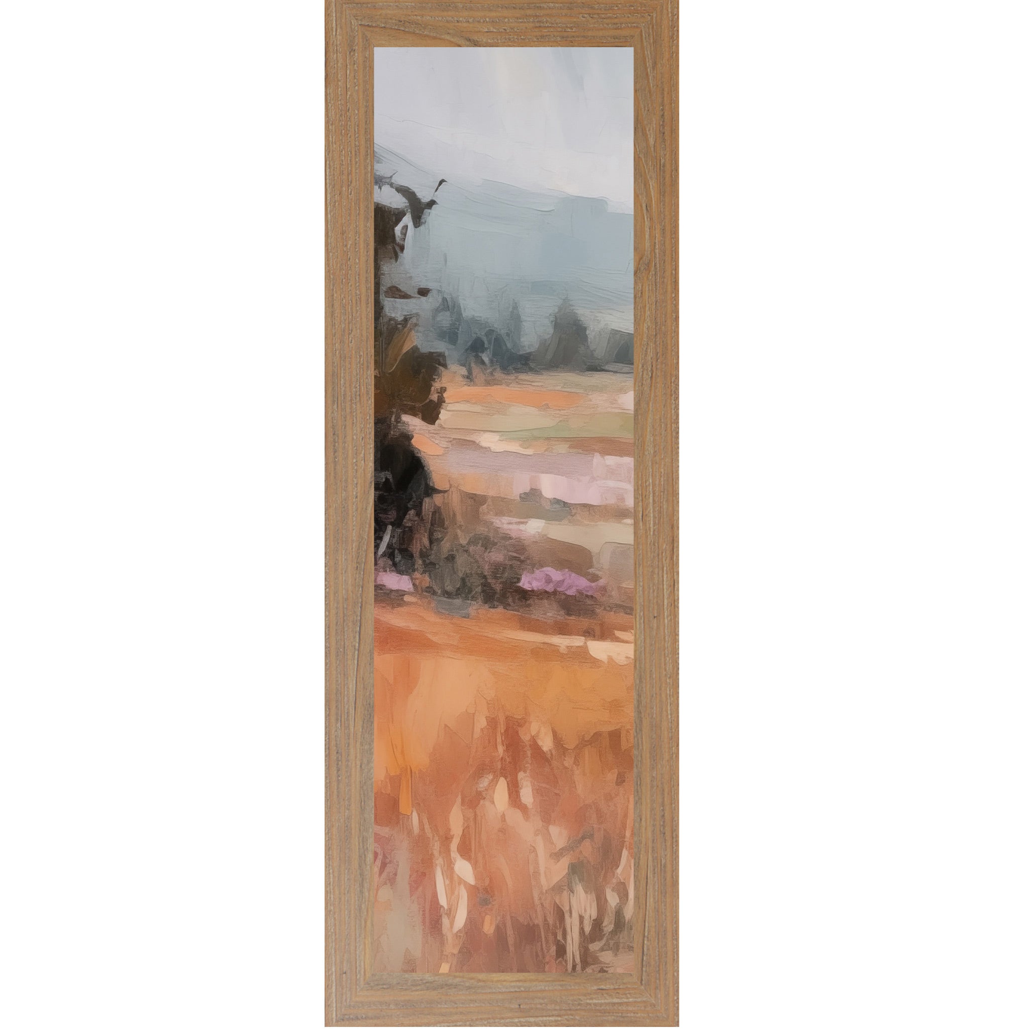 Farmtable framed narrow portrait abstract terracotta landscape wall art with moody blue-grey sky dark tree left edge and warm amber field with purple lavender midground tones