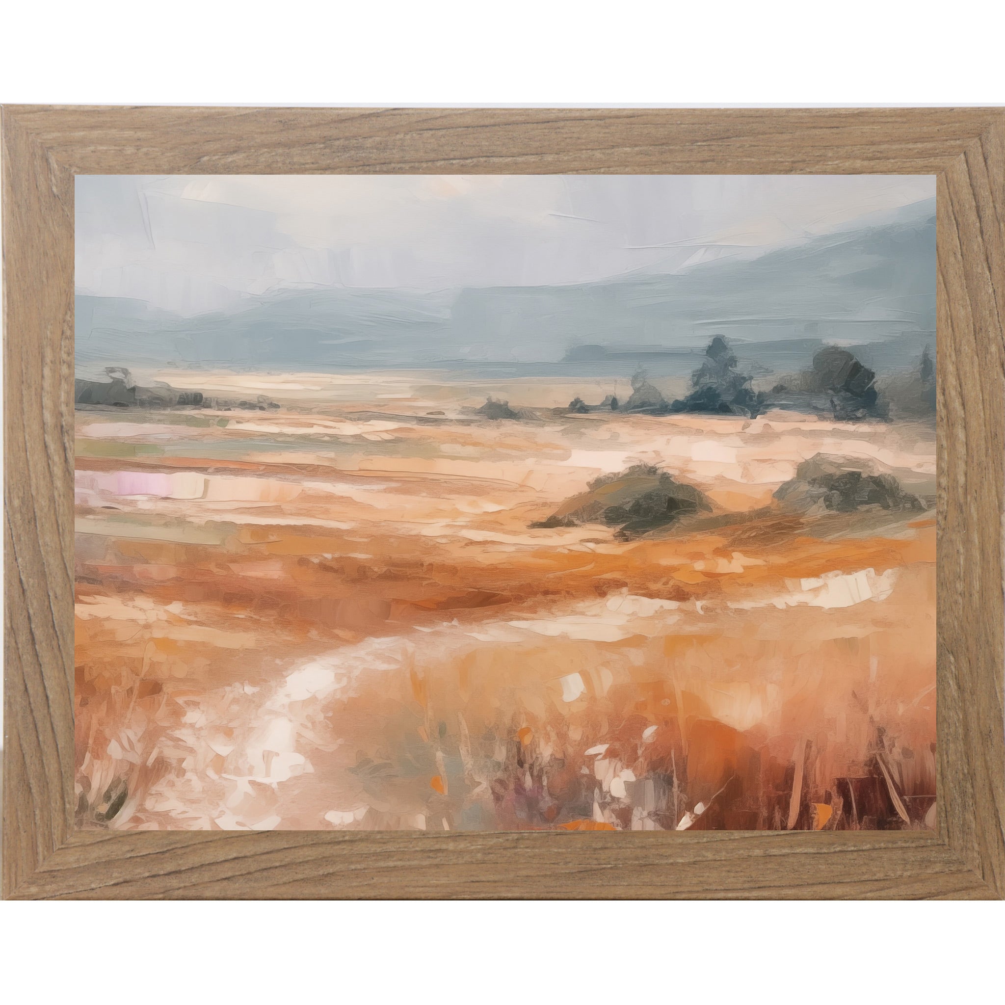 Farmtable framed landscape abstract terracotta wall art with warm amber and orange field dark trees in midground and dramatic blue-grey sky with bold expressive brushwork