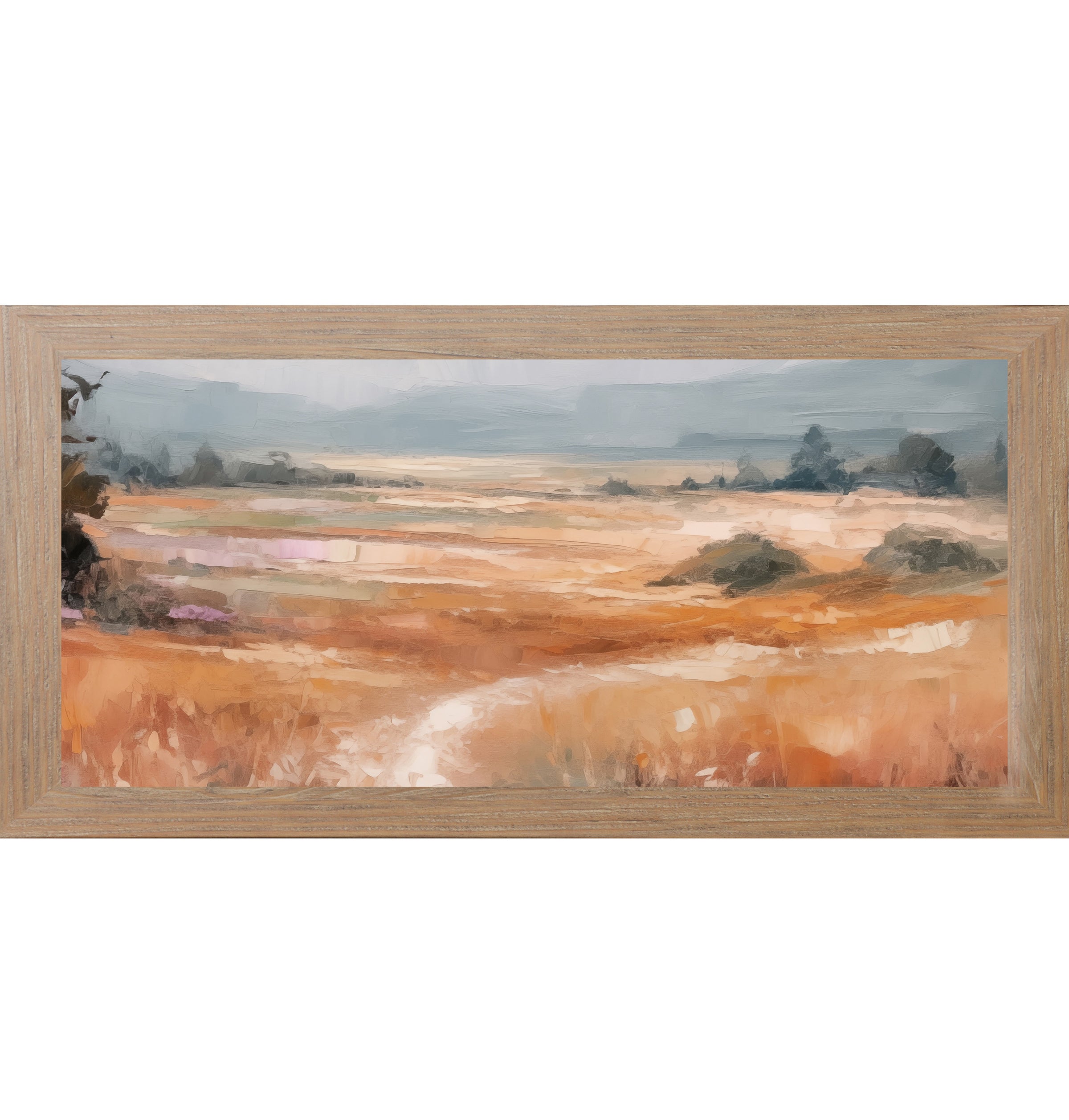 Farmtable framed wide landscape abstract terracotta wall art showing full panoramic scene with warm amber orange field dark trees left edge soft peach midground and dramatic blue-grey sky with bold expressive brushwork