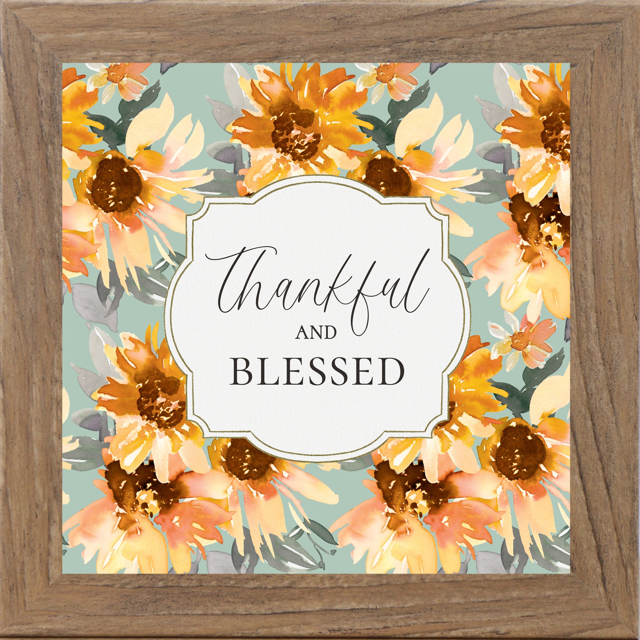 Farmtable framed square fall wall art featuring watercolor sunflowers in gold orange and peach on soft sage teal background with the words "Thankful and Blessed" — SB308