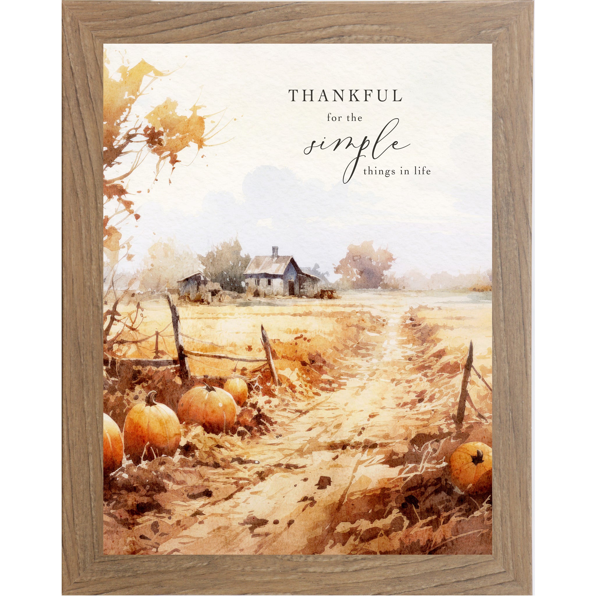 Farmtable framed portrait fall wall art featuring watercolor pumpkin field with golden lane split-rail fence and distant farmhouse in warm amber and rust tones with the words Thankful for the Simple Things in life in elegant mixed typography — SN389