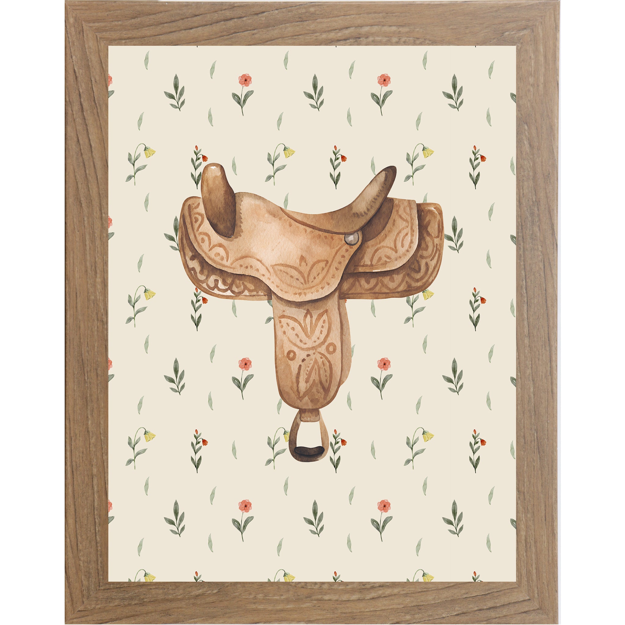Farmtable framed portrait western saddle wall art with detailed watercolor tooled leather saddle centered on soft cream scattered wildflower floral background — equestrian cowgirl decor
