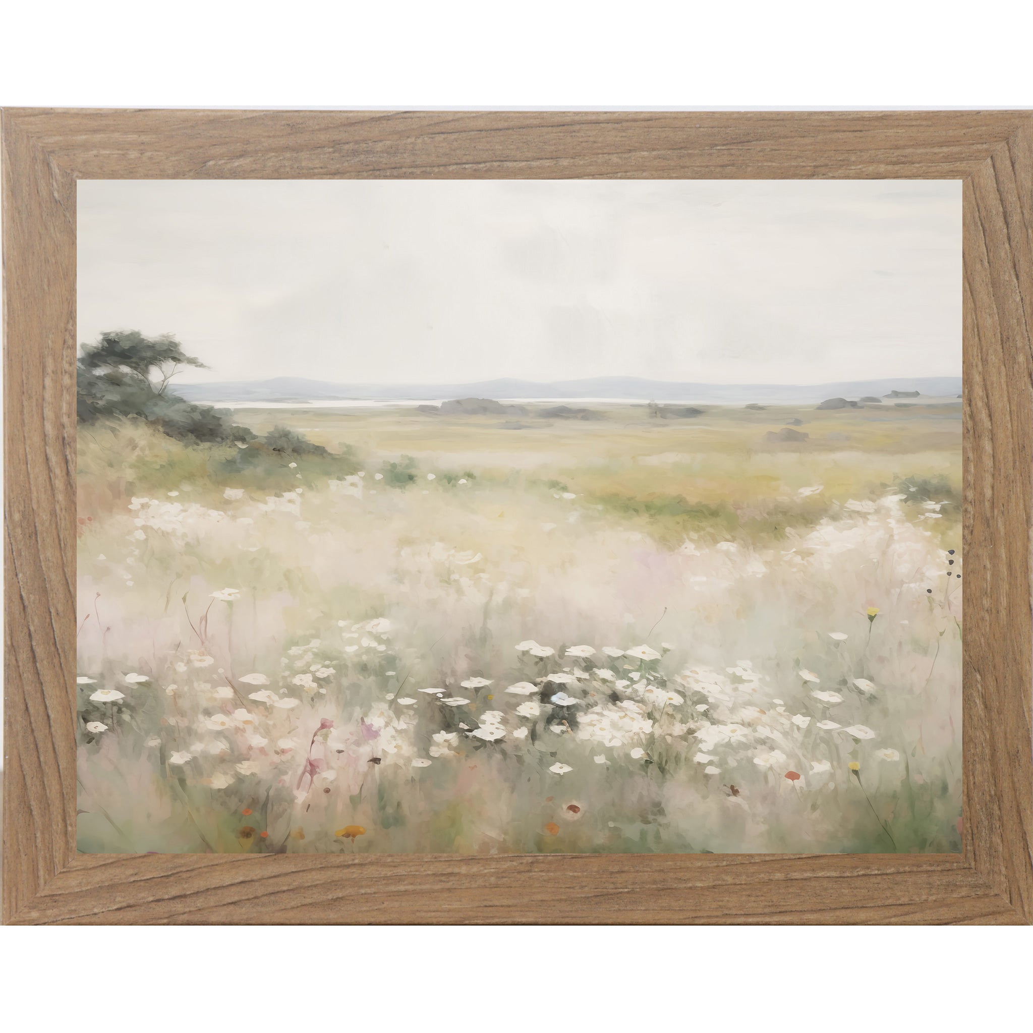 Farmtable framed landscape watercolor wildflower meadow wall art with white blooms soft grasses golden fields and distant coastal bay under pearl grey sky — neutral floral scenic decor