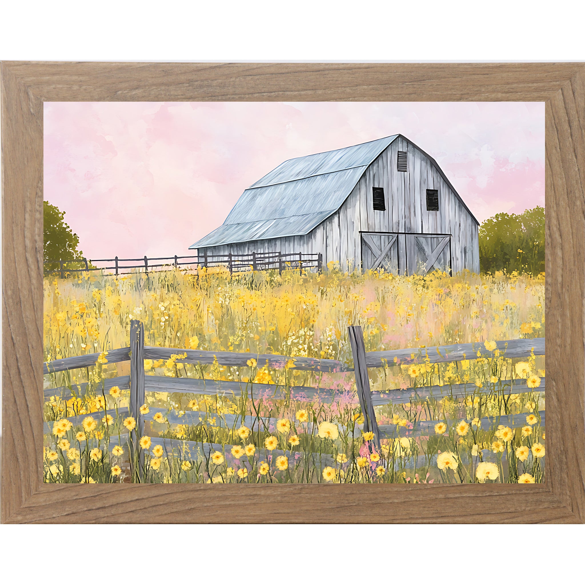 Farmtable framed landscape farmhouse wall art featuring a watercolor gray barn in a yellow wildflower meadow with split rail fence green trees and soft pink sky — Yellow Wildflower Barn SB253