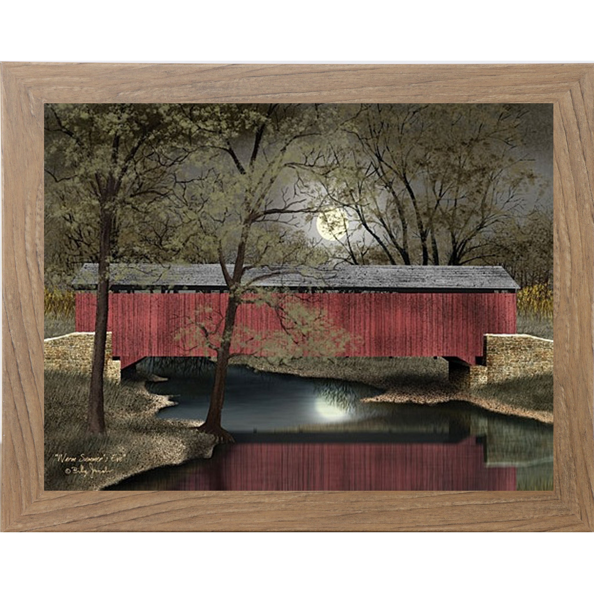 Covered bridge framed wall art by Billy Jacobs featuring a red bridge over a river at dusk surrounded by lush green summer landscape
