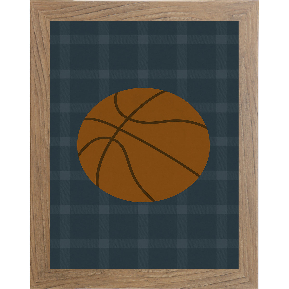 Farmtable color frame of Basketball wall art featuring a large basketball illustration on a blue green plaid background designed for boys sports rooms or basketball themed nurseries.