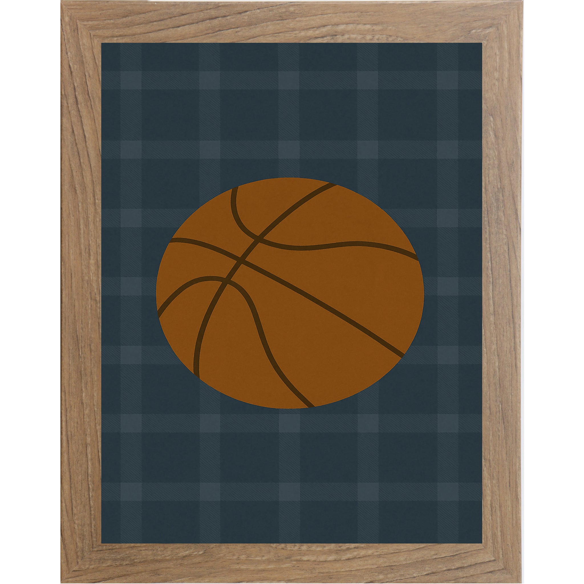 Farmtable color frame of Basketball wall art featuring a large basketball illustration on a blue green plaid background designed for boys sports rooms or basketball themed nurseries.