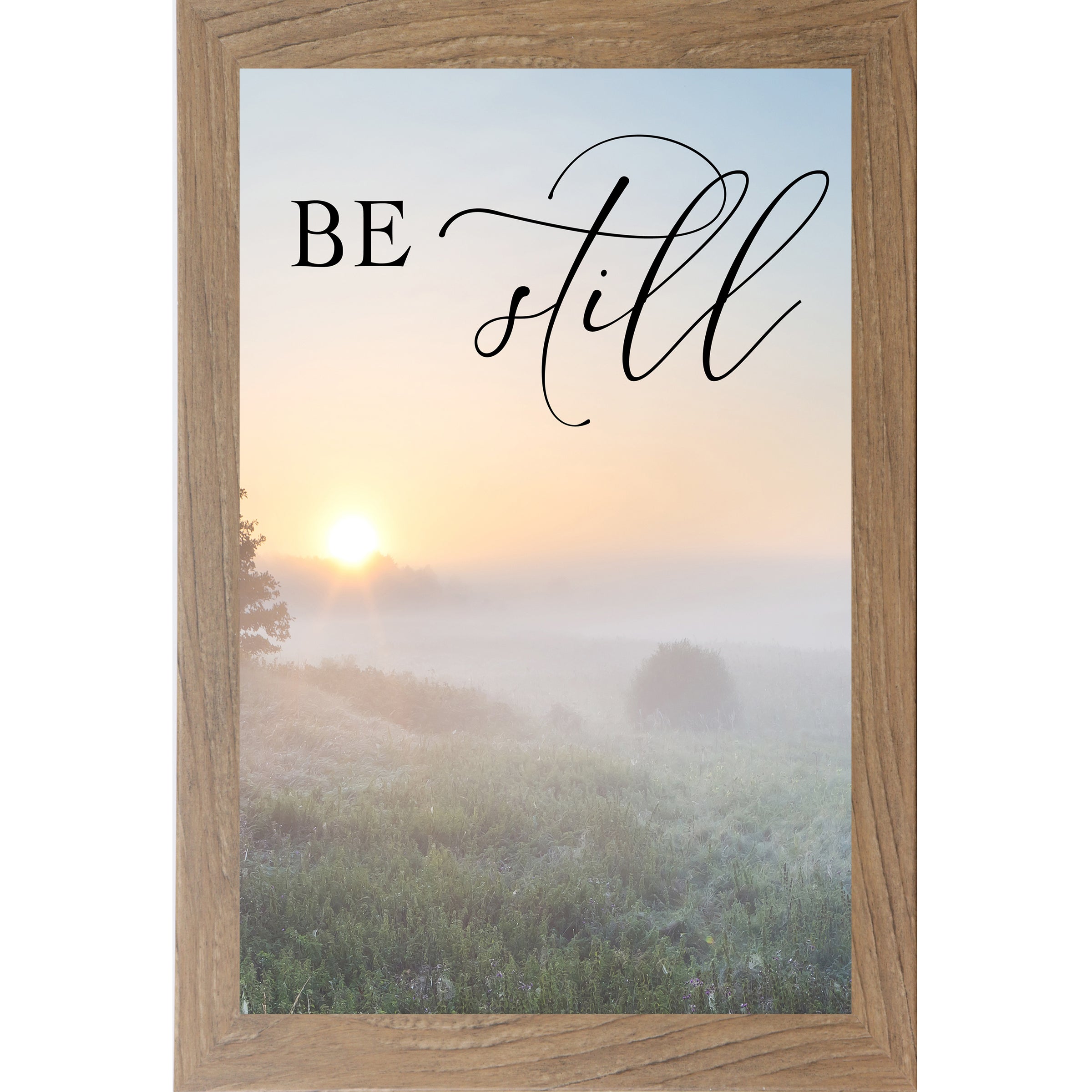 Farmtable framed tall portrait Christian scripture wall art with misty sunrise field ground fog silhouetted trees and the words "Be Still" Psalm 46:10 — 27x40 inches
