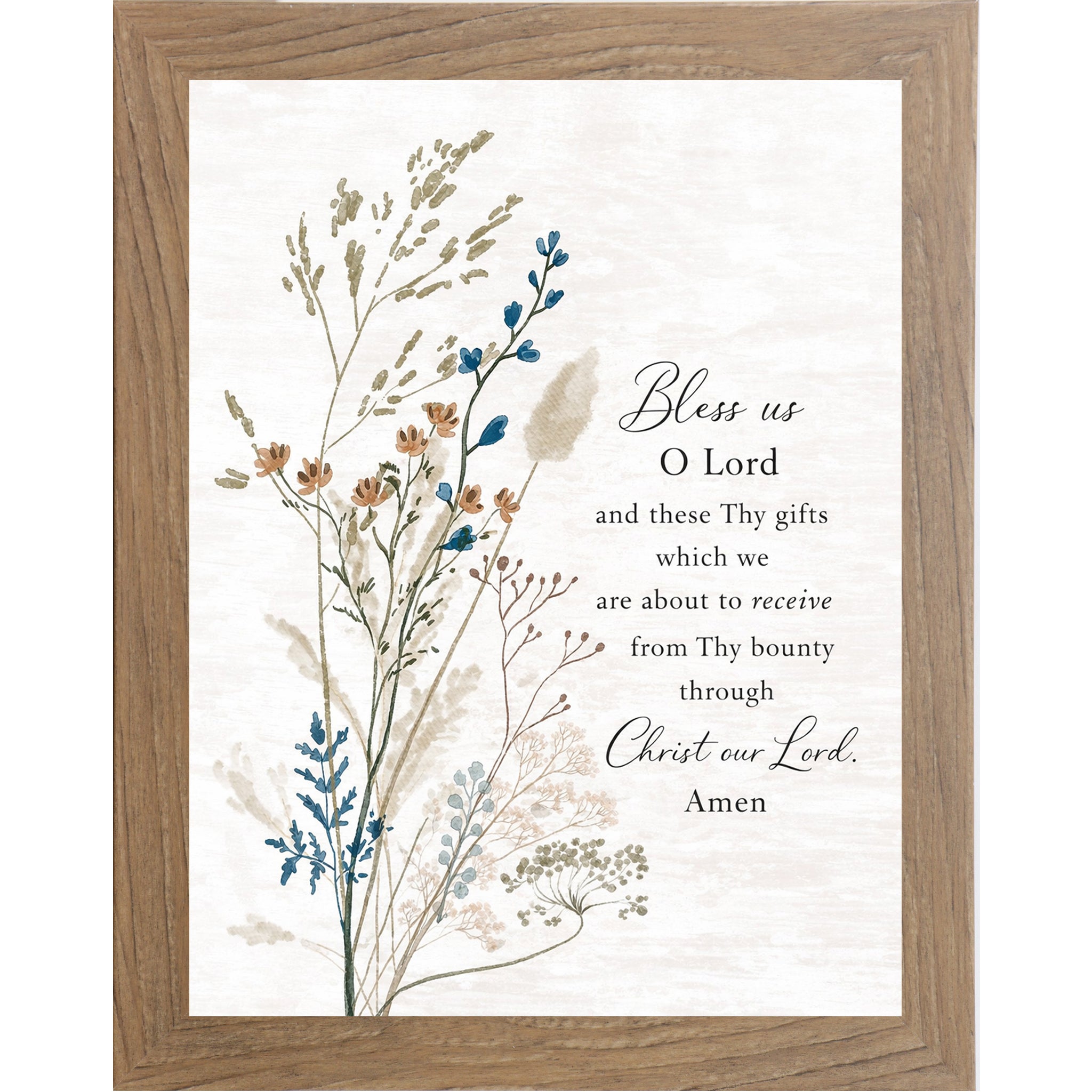 Farmtable framed portrait Catholic prayer wall art with elegant wildflower botanicals on cream background and the words "Bless Us O Lord and These Thy Gifts Through Christ Our Lord Amen"