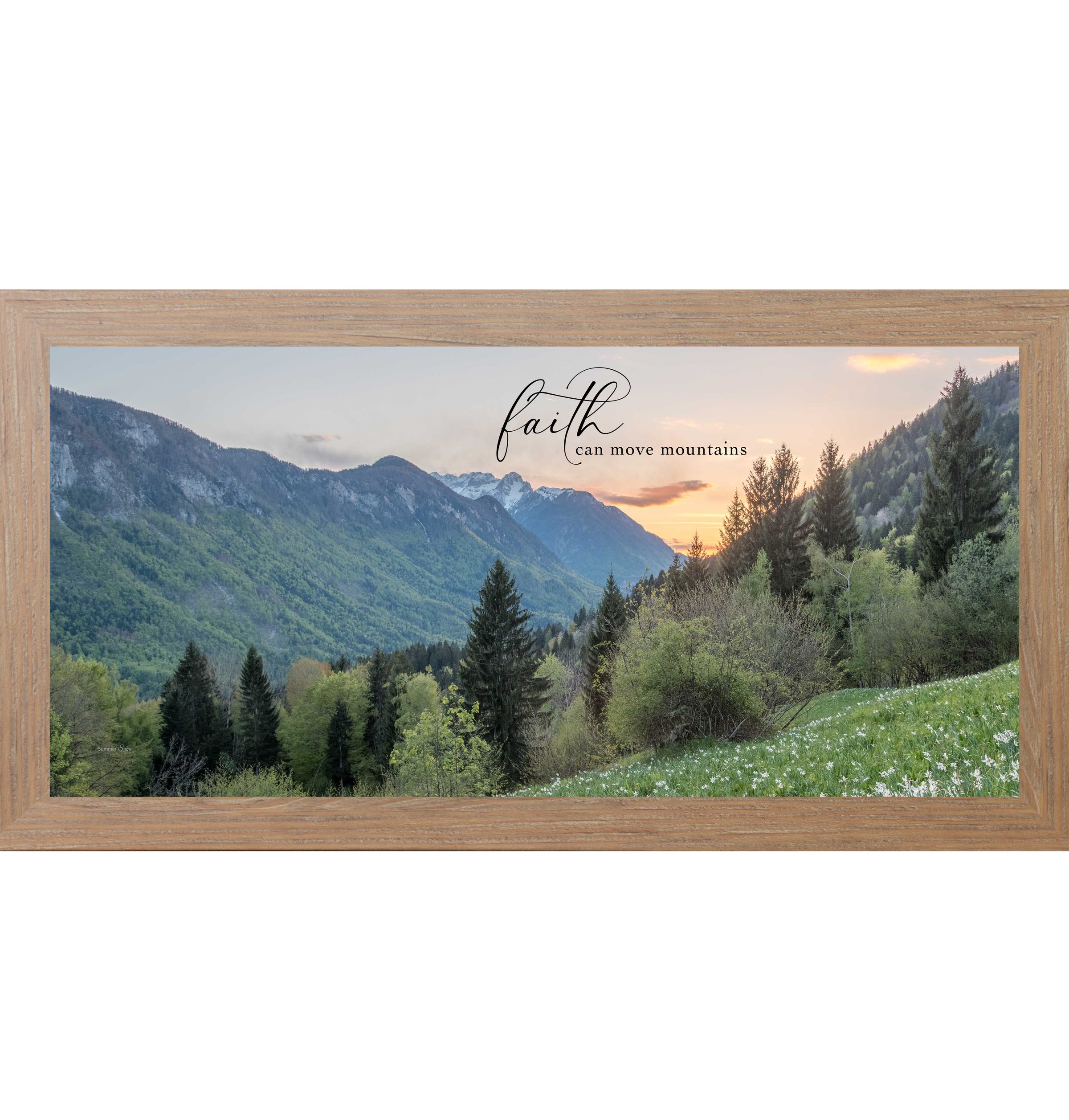 Farmtable framed wide landscape inspirational wall art featuring mountain valley at sunrise with summer trees and wildflowers and the quote "Faith Can Move Mountains"