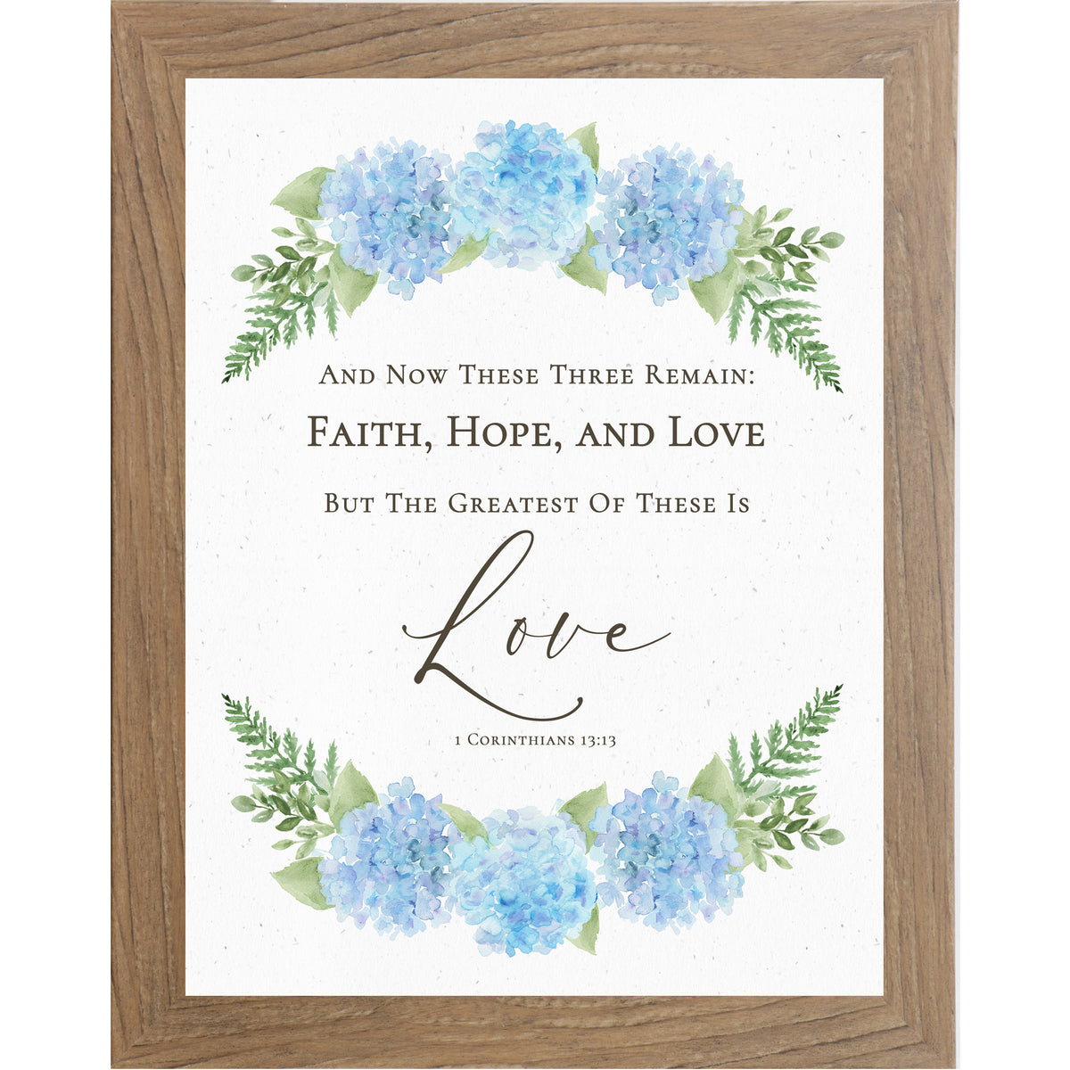Farmtable Vertical hydrangea scripture wall art with blue floral arrangements and greenery featuring 1 Corinthians 13:13 Faith Hope Love verse.