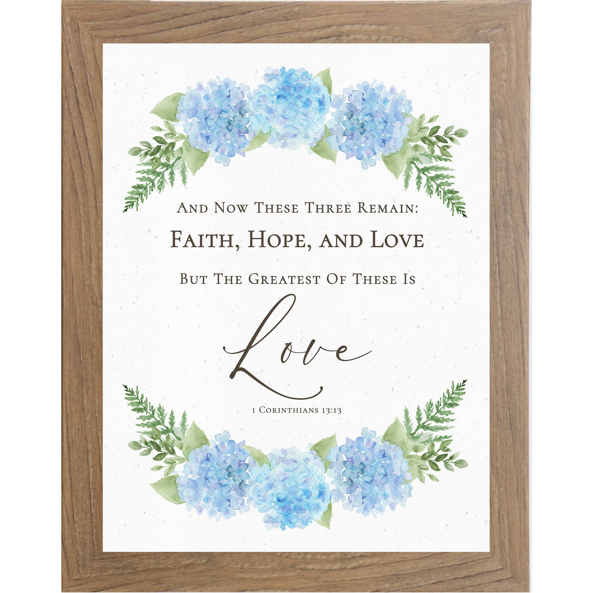 Farmtable Vertical hydrangea scripture wall art with blue floral arrangements and greenery featuring 1 Corinthians 13:13 Faith Hope Love verse.