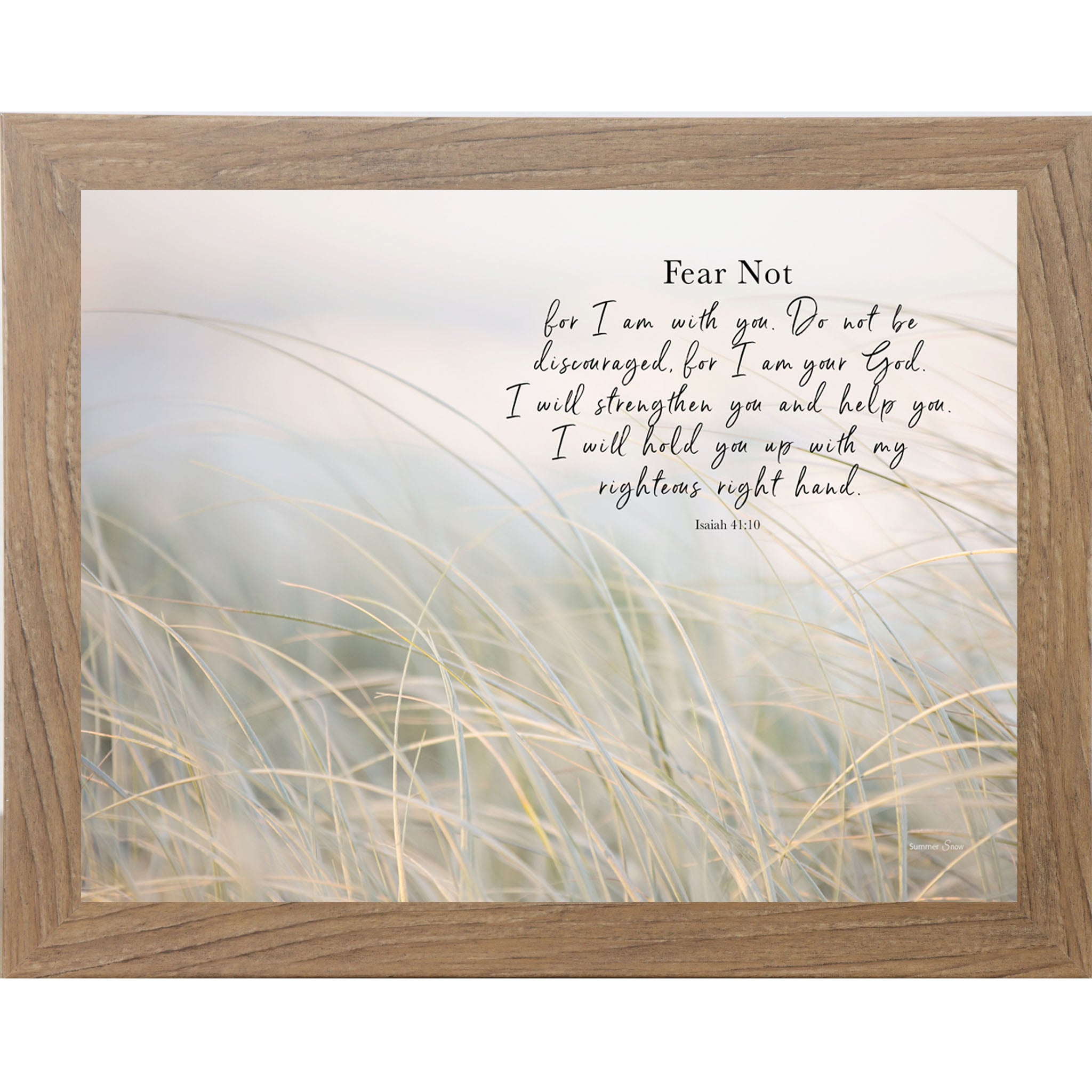 Farmtable framed landscape Christian scripture wall art with bokeh coastal tall grasses in morning mist and the words "Fear Not For I Am With You I Will Strengthen You Isaiah 41:10"