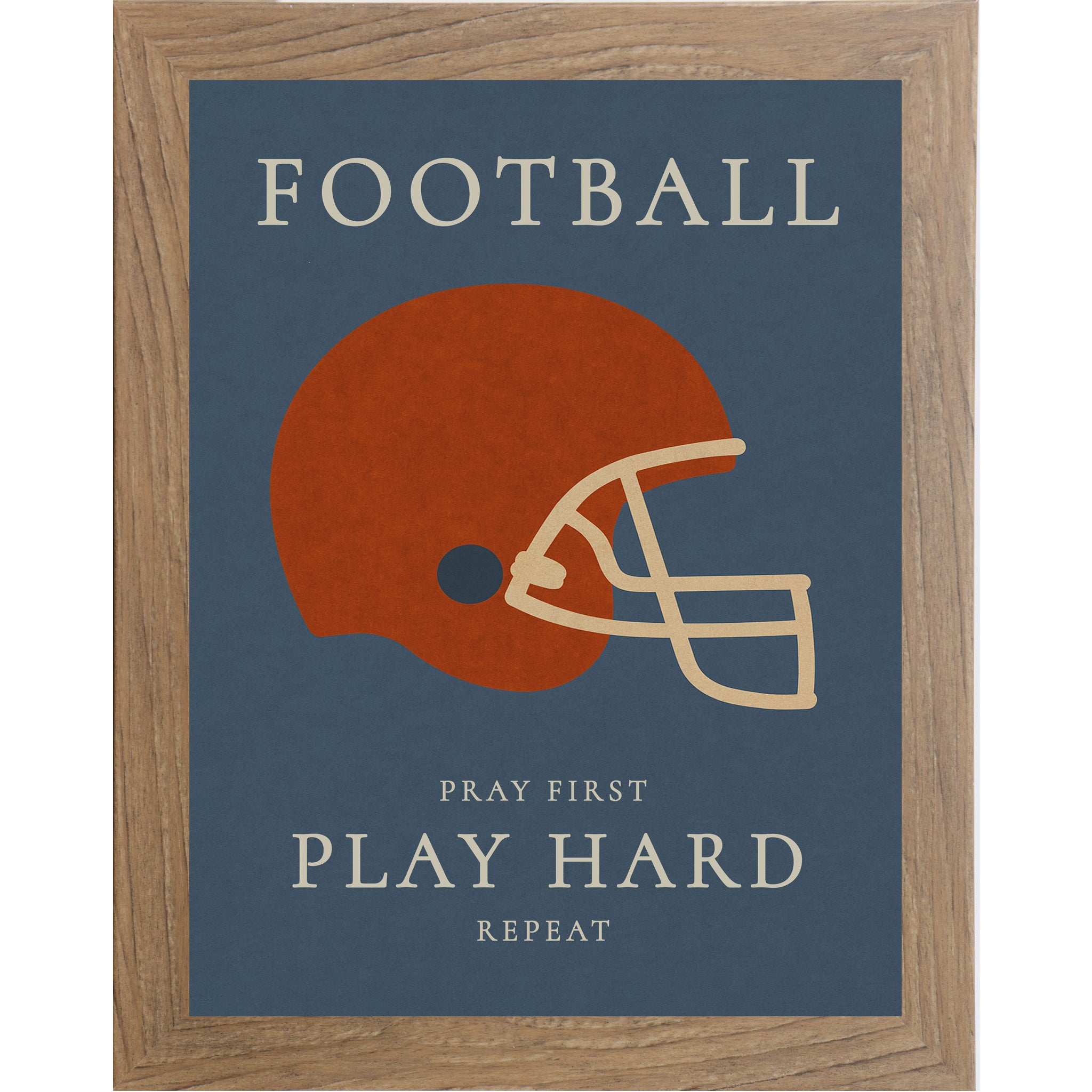 Farmtable color frame Christian football wall art featuring a football helmet with the phrase Pray First Play Hard Repeat on a blue background