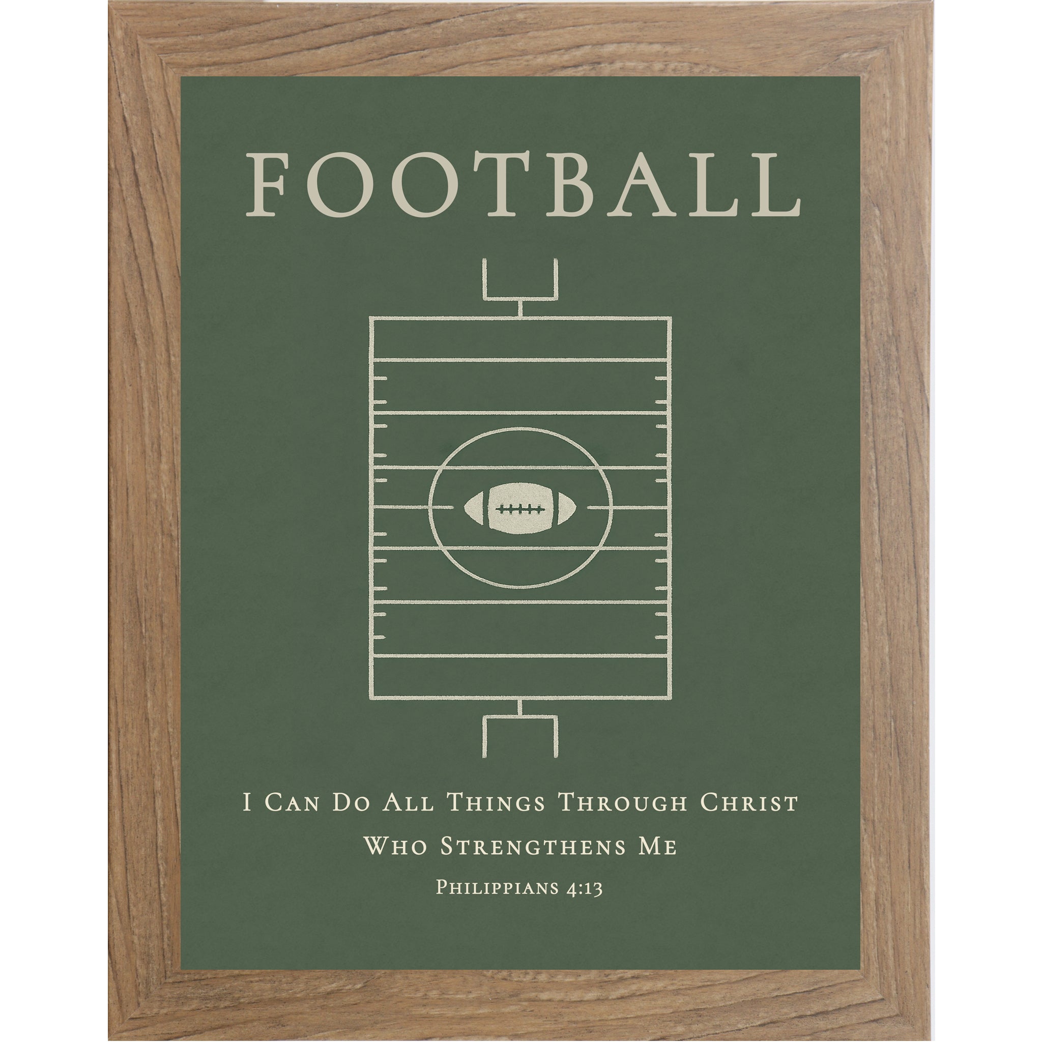 Farmtable colored frame of a Christian football wall art featuring a minimalist football field design and Philippians 4:13 scripture on a green background