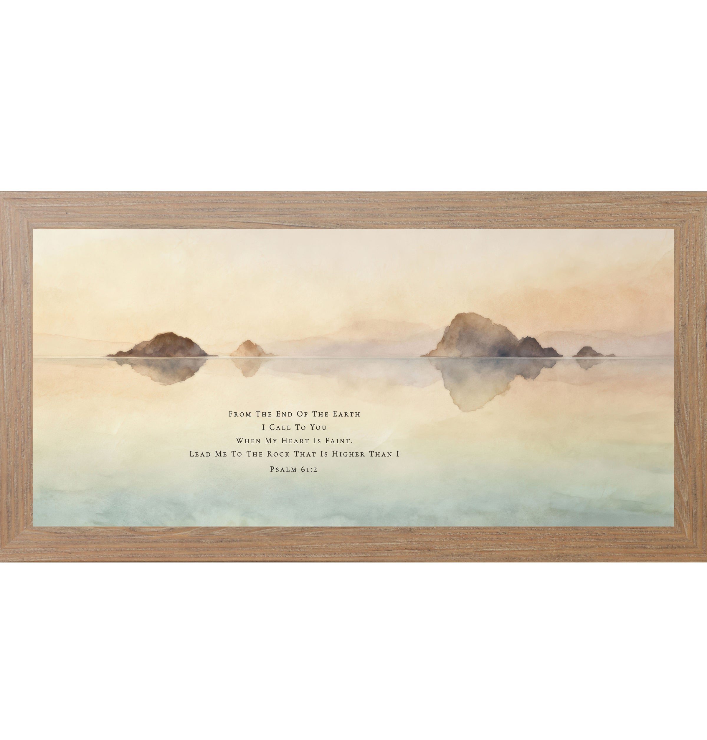 Framed Christian lake wall art featuring calm water reflections with Psalm 61:2 scripture in a wide horizontal watercolor landscape.