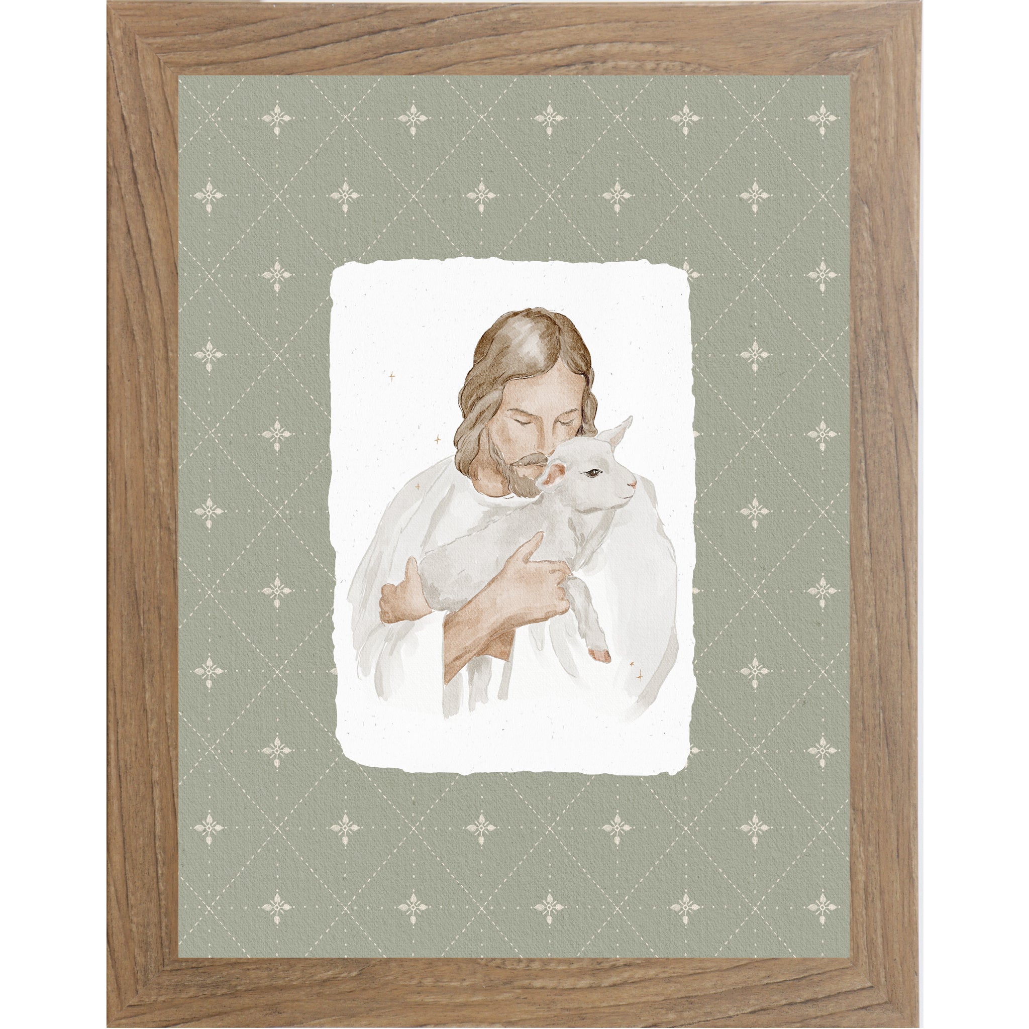 Vertical Good Shepherd wall art featuring Christ holding a lamb on a sage patterned background in a framed faith decor design.