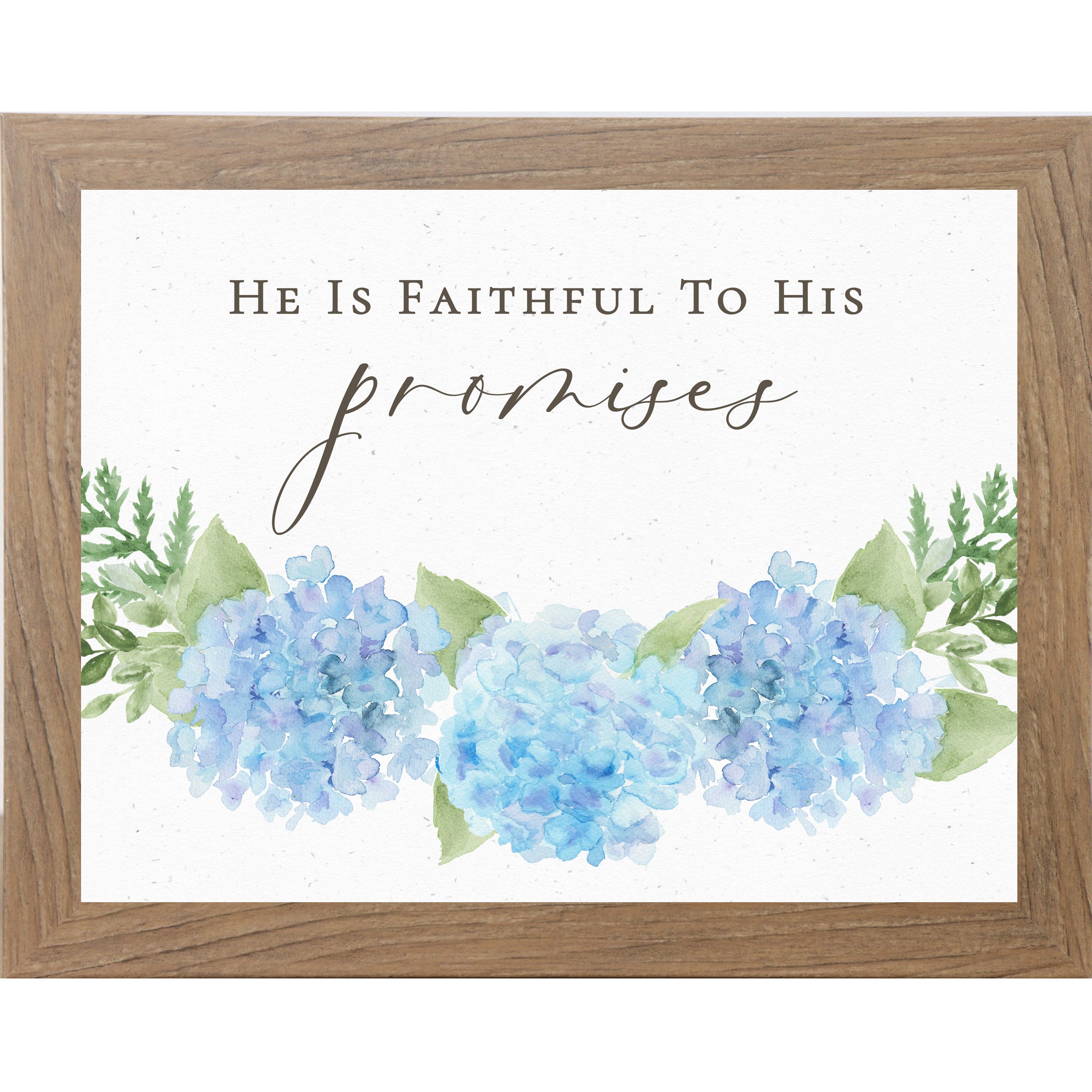 Farmtable Horizontal hydrangea wall art with blue watercolor blooms and quote He Is Faithful to His Promises on neutral white background.