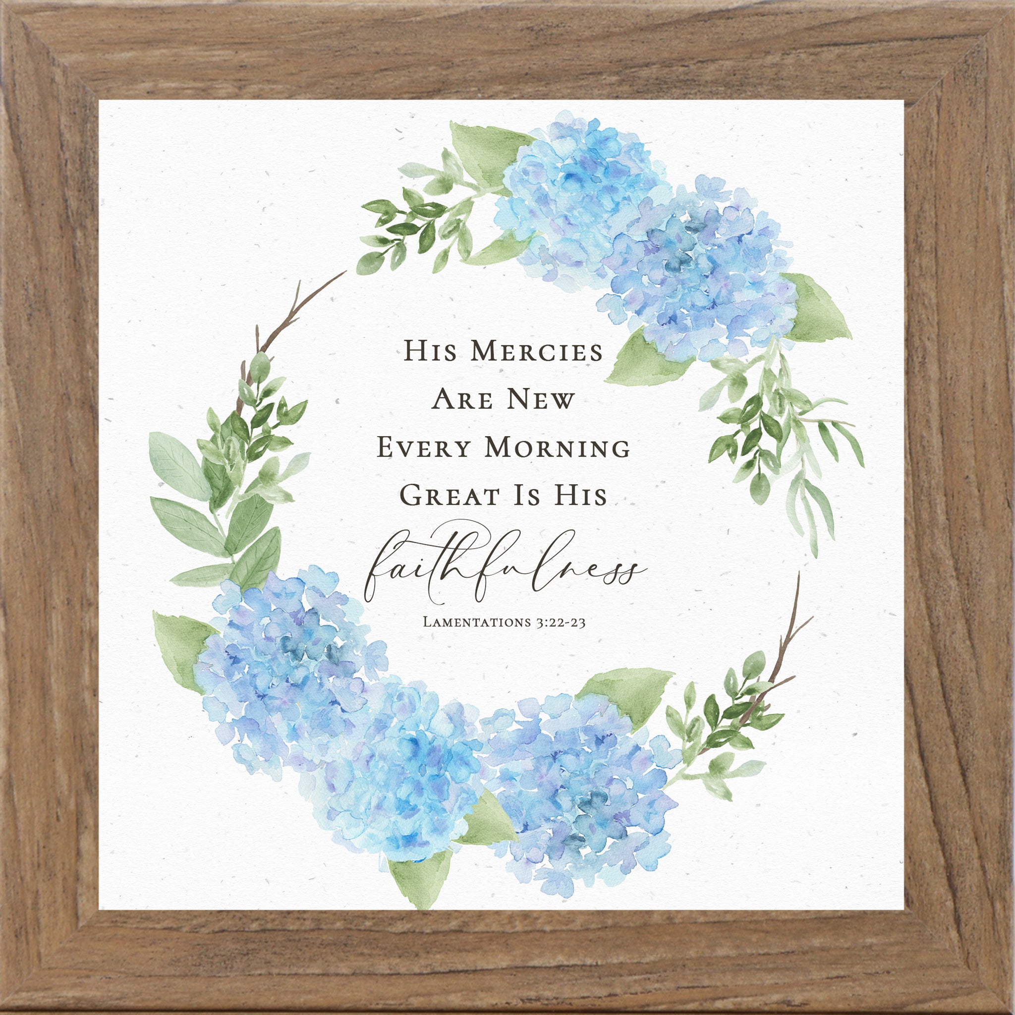 Square hydrangea wreath scripture wall art featuring Lamentations 3:22-23 with blue florals and green leaves on neutral background framed by Summer Snow.