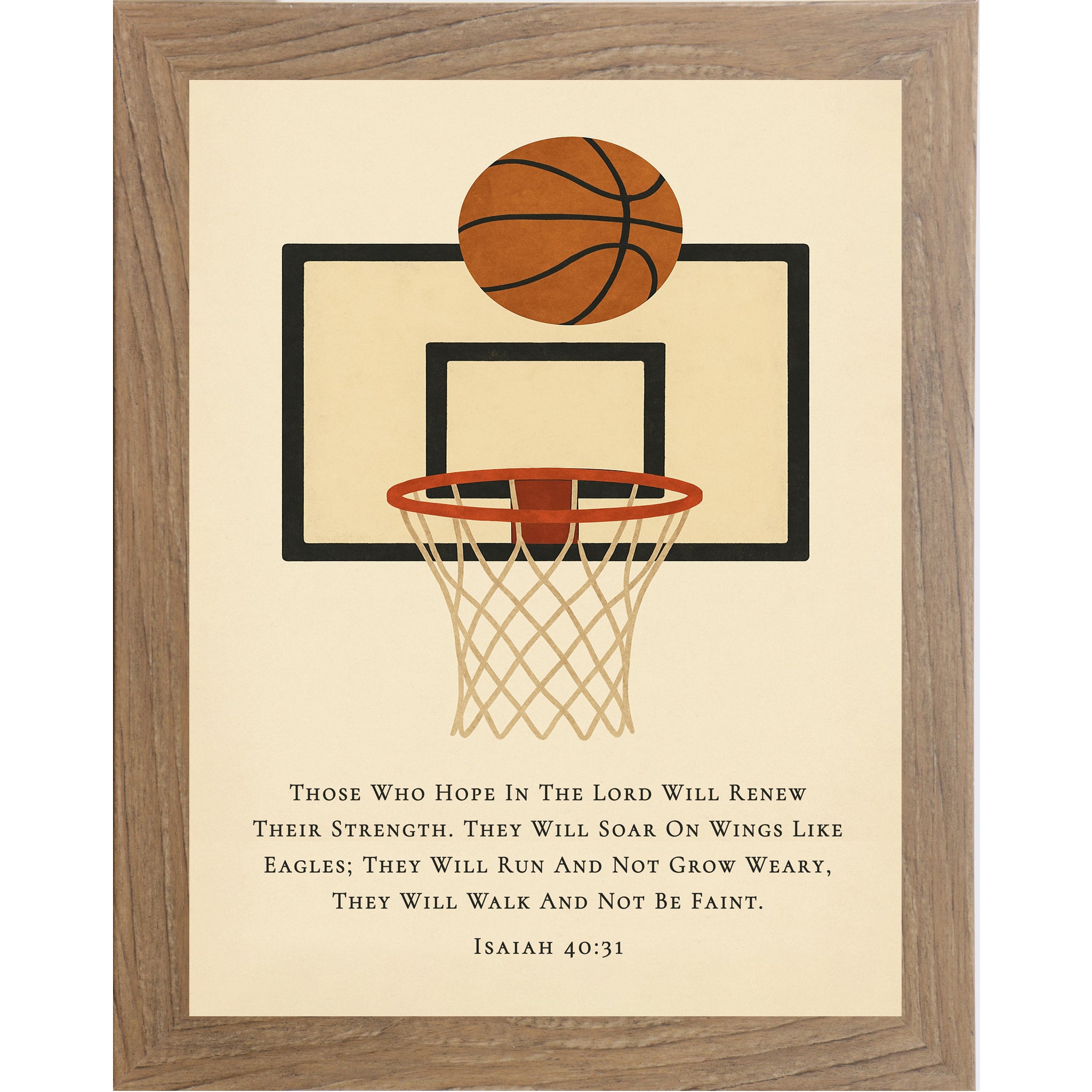 Farmtable color frame Christian basketball wall art featuring a basketball hoop illustration with the Bible verse Isaiah 40:31 on a neutral background.