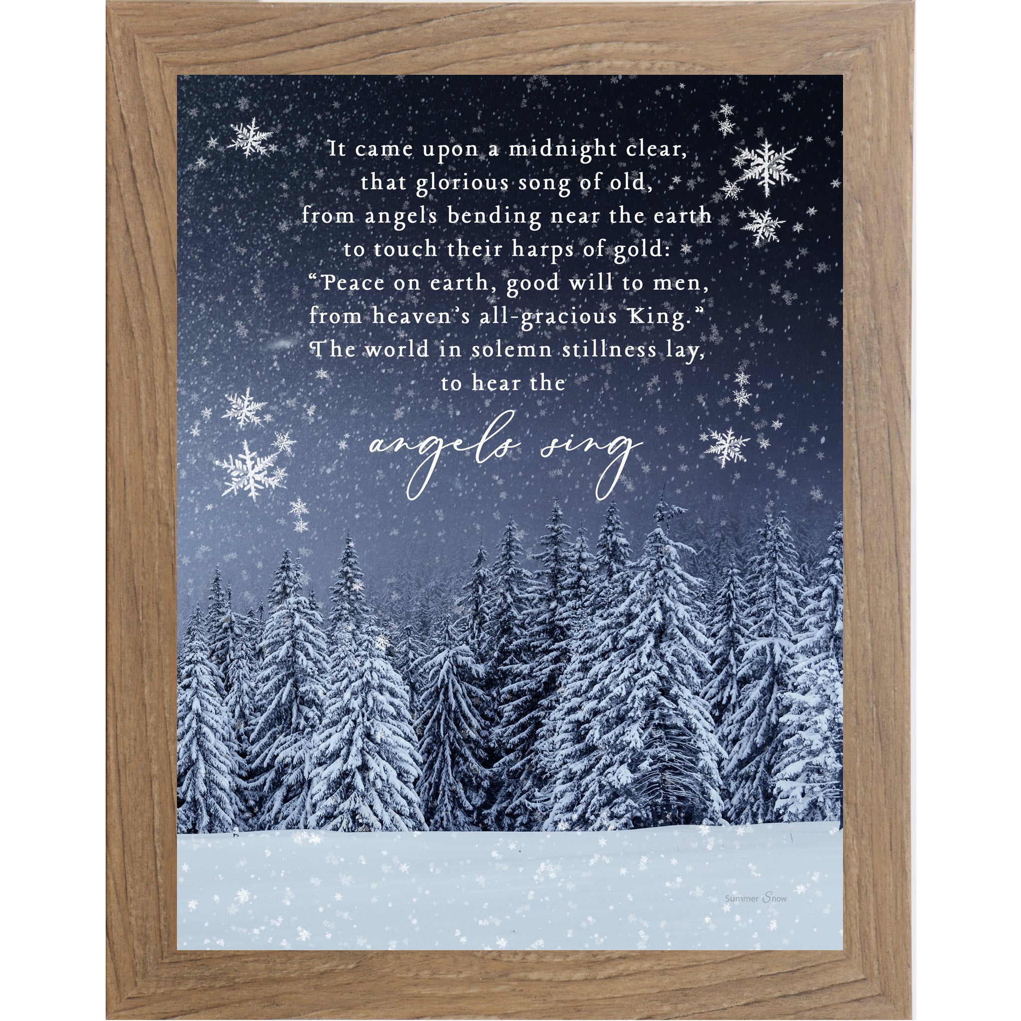 Christmas wall art featuring snowy evergreen trees under a midnight blue sky with the full carol It Came Upon a Midnight Clear displayed in elegant white lettering.