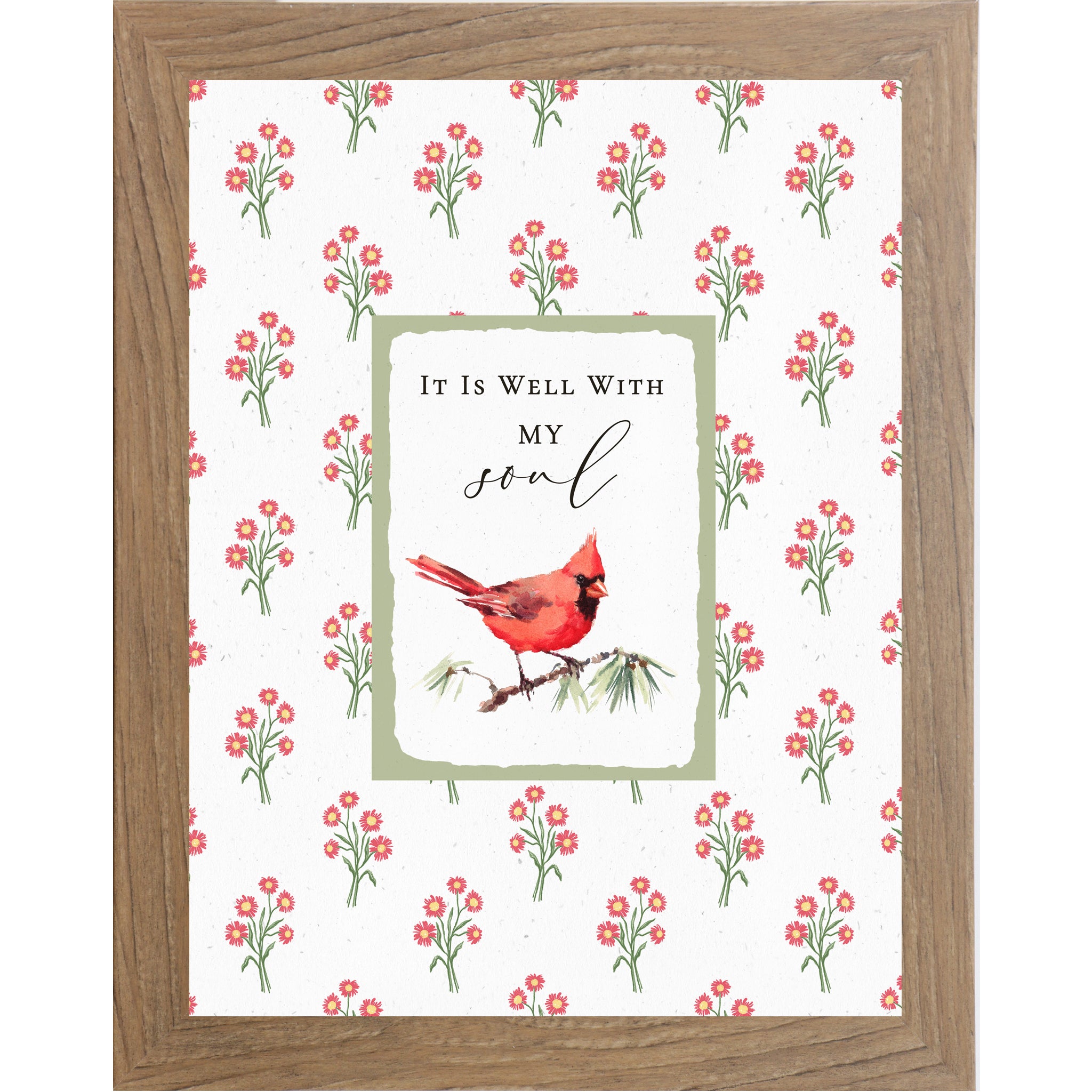 Christian floral wall art featuring a red cardinal perched on a branch with the phrase “It Is Well With My Soul” in a sage green framed center panel and red floral background.