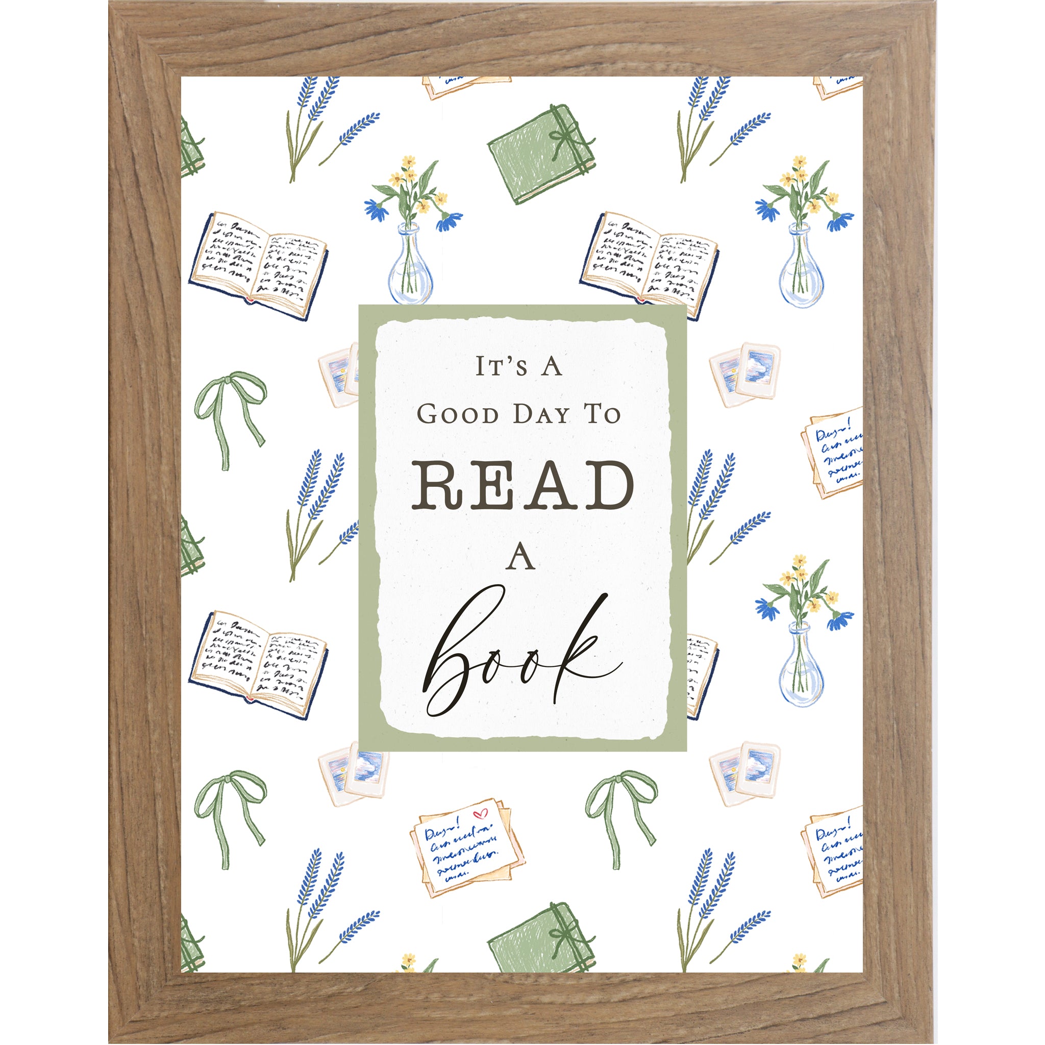 Reading nook wall art featuring the phrase “It’s A Good Day To Read A Book” with floral, book, and bow illustrations on a neutral background in a vertical framed design.