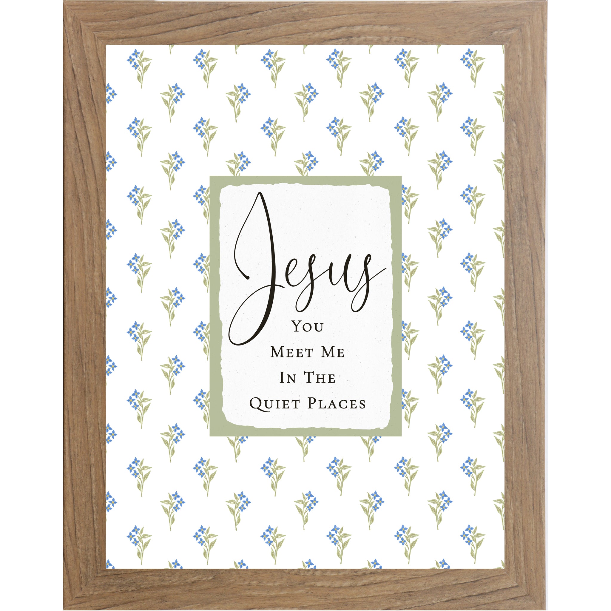 Christian floral wall art featuring blue flowers and green stems with a sage center panel reading “Jesus You Meet Me In The Quiet Places” in a vertical framed design.
