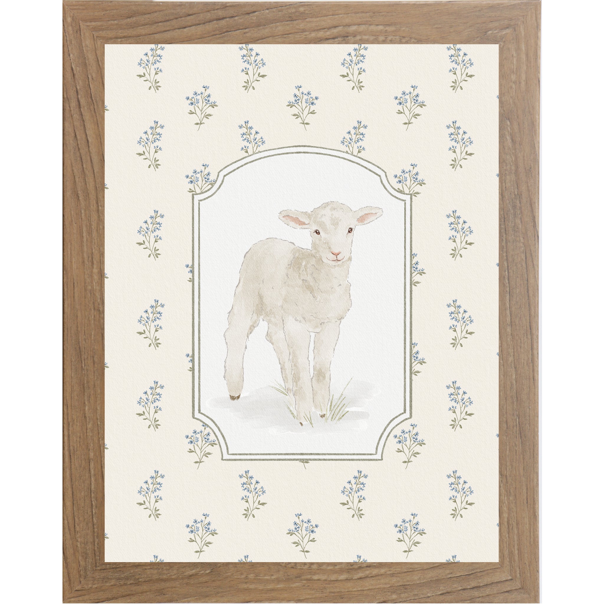 Vertical lamb wall art with soft blue florals on a neutral beige background in a framed Easter faith decor design.