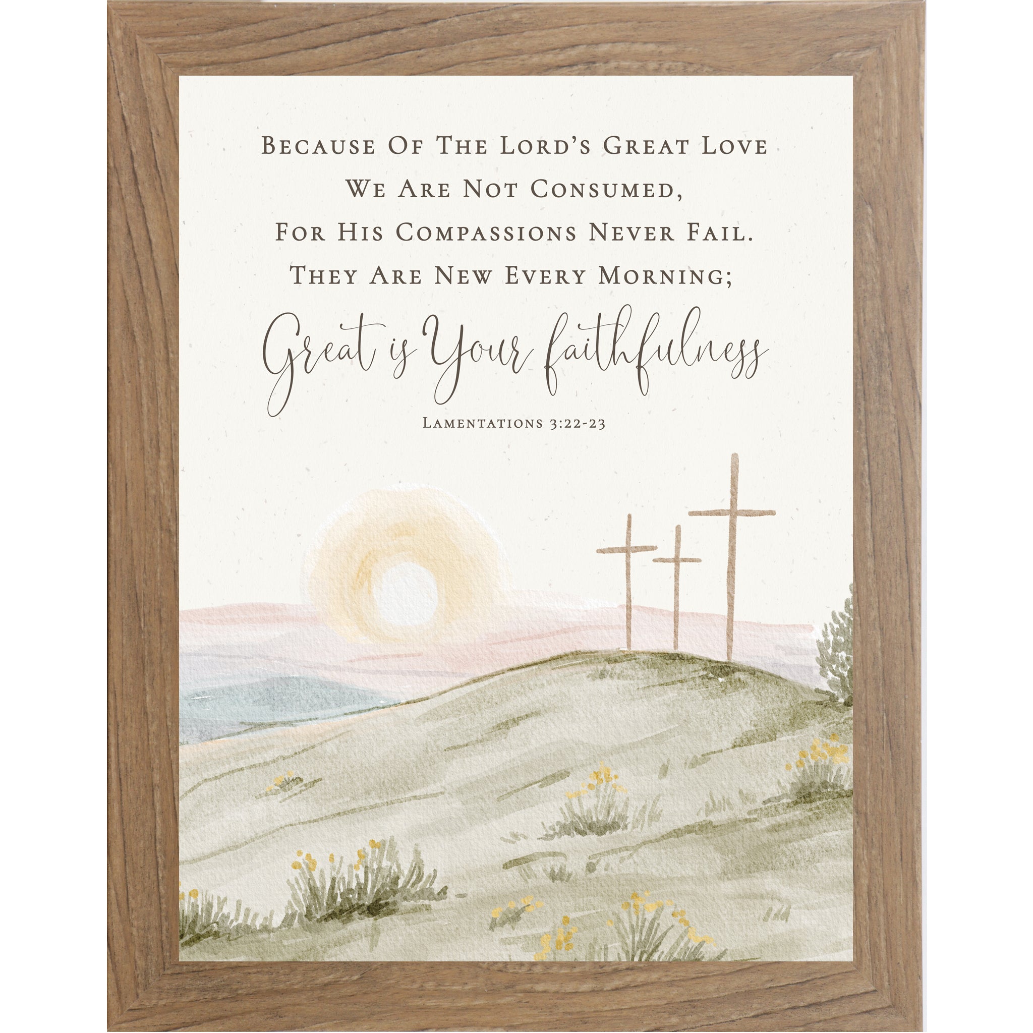 Vertical Lamentations 3:22-23 wall art featuring three crosses at sunrise with Great Is Your Faithfulness scripture on a neutral watercolor background.