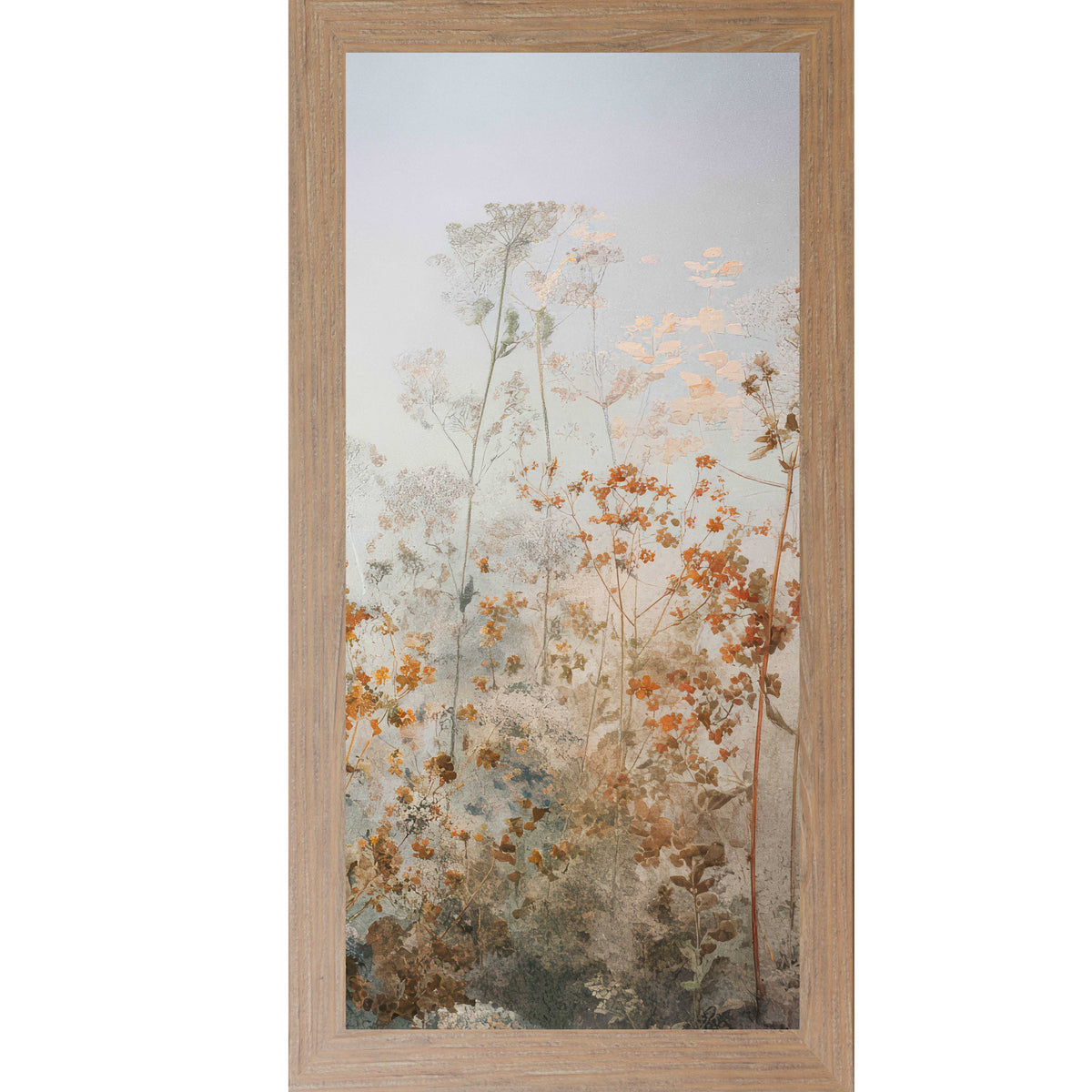 Farmtable frame color of a Tall vertical spring wildflower wall art featuring orange meadow flowers on a light blue background