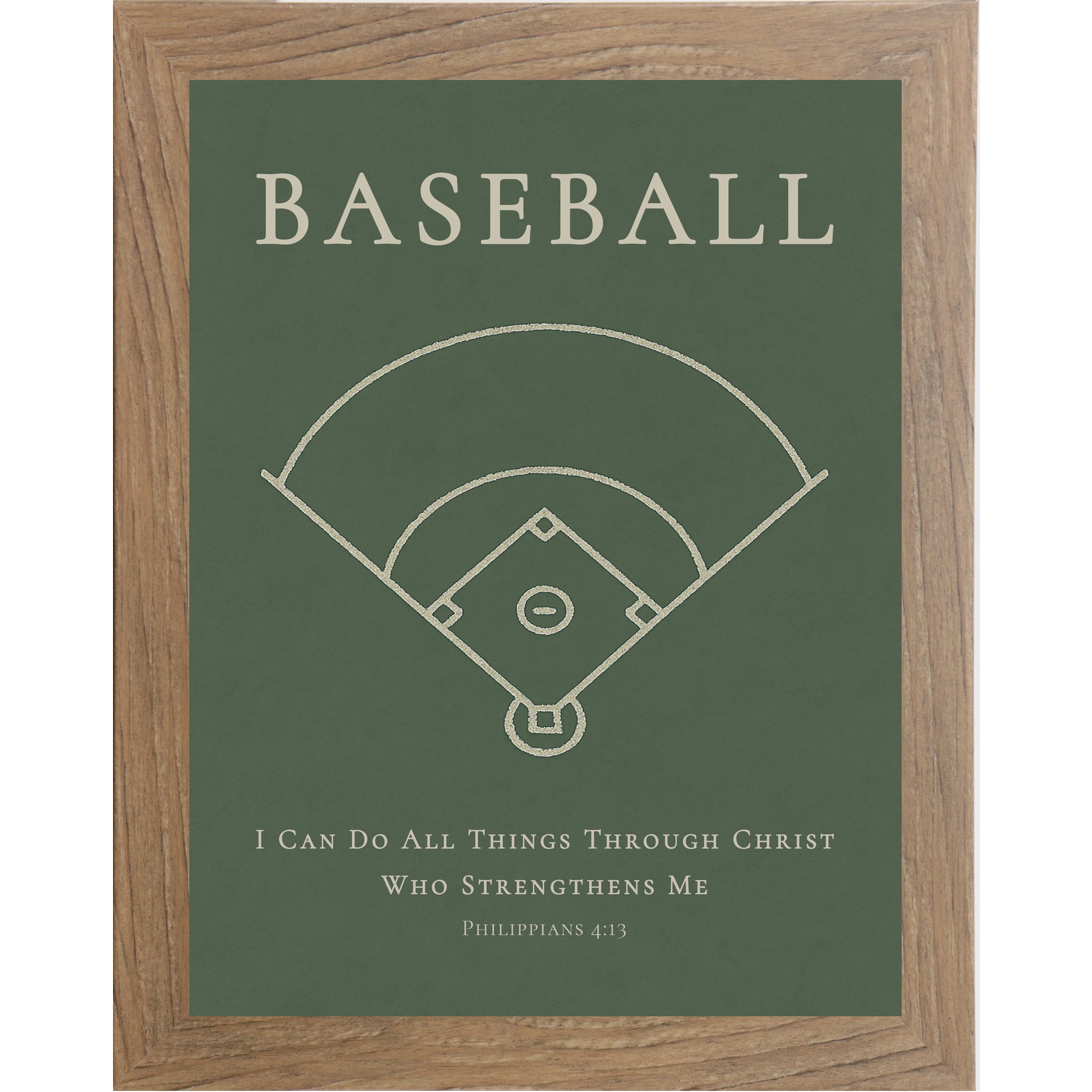 Farmtable color frame with Baseball themed Christian wall art featuring a baseball diamond illustration with the Bible verse Philippians 4:13 on a green background.