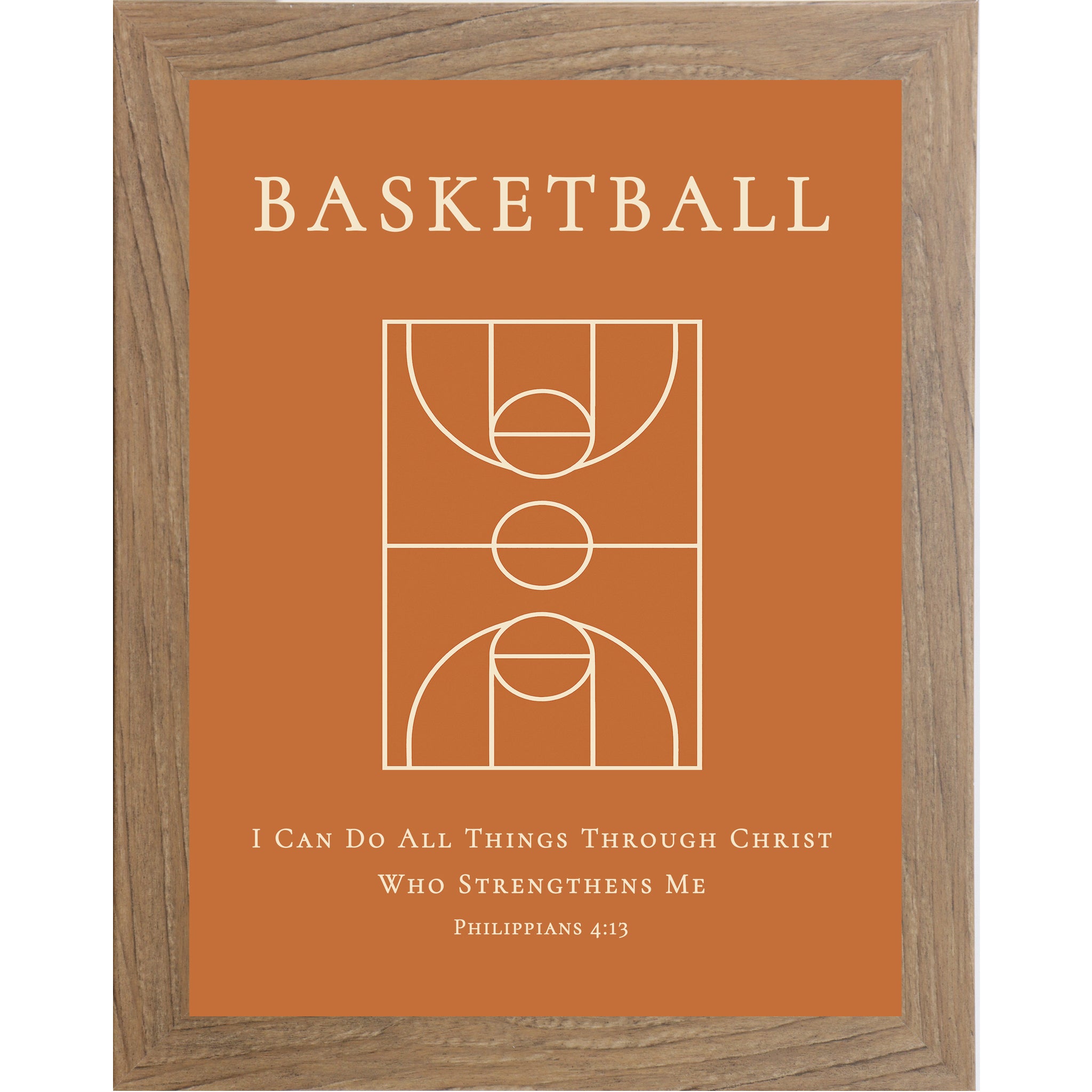 Farmtable color framed Christian basketball wall art featuring a basketball court diagram with the Bible verse Philippians 4:13 on an orange background.