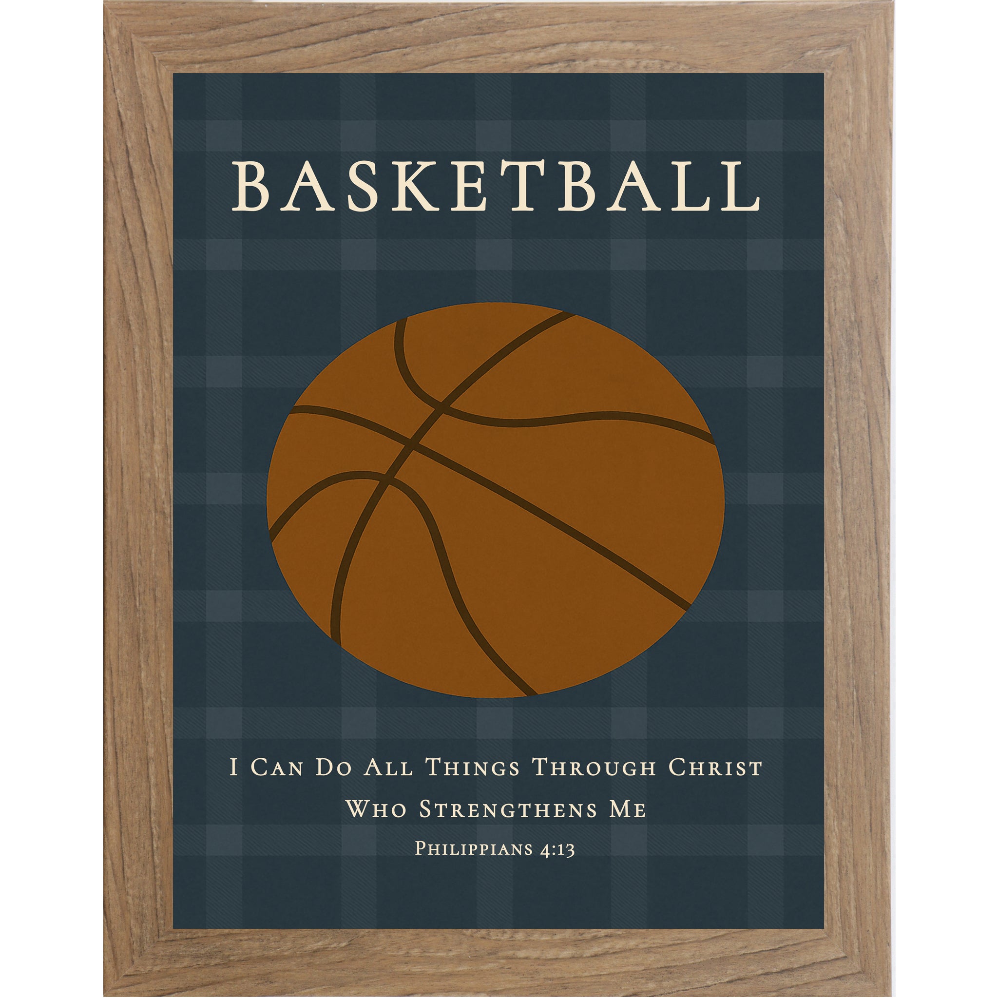 Farmtable colored frame of Christian basketball wall art featuring a basketball illustration with the Bible verse Philippians 4:13 on a blue plaid background.