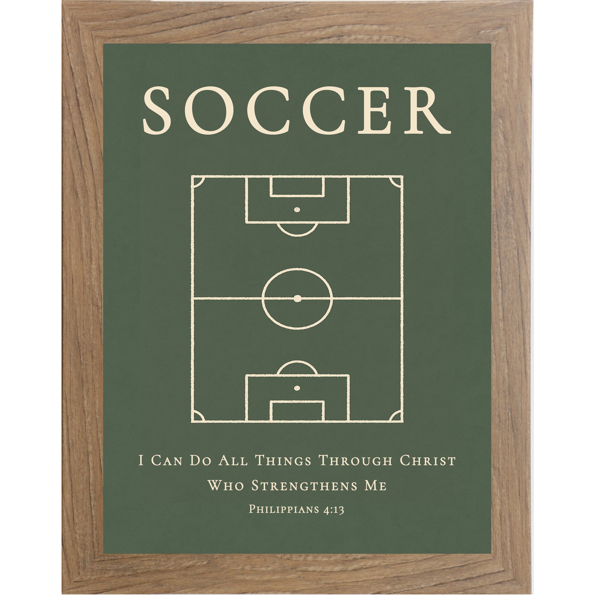 Farmtable Frame Color. Christian soccer wall art featuring a soccer field diagram with the Bible verse Philippians 4:13 on a green background.